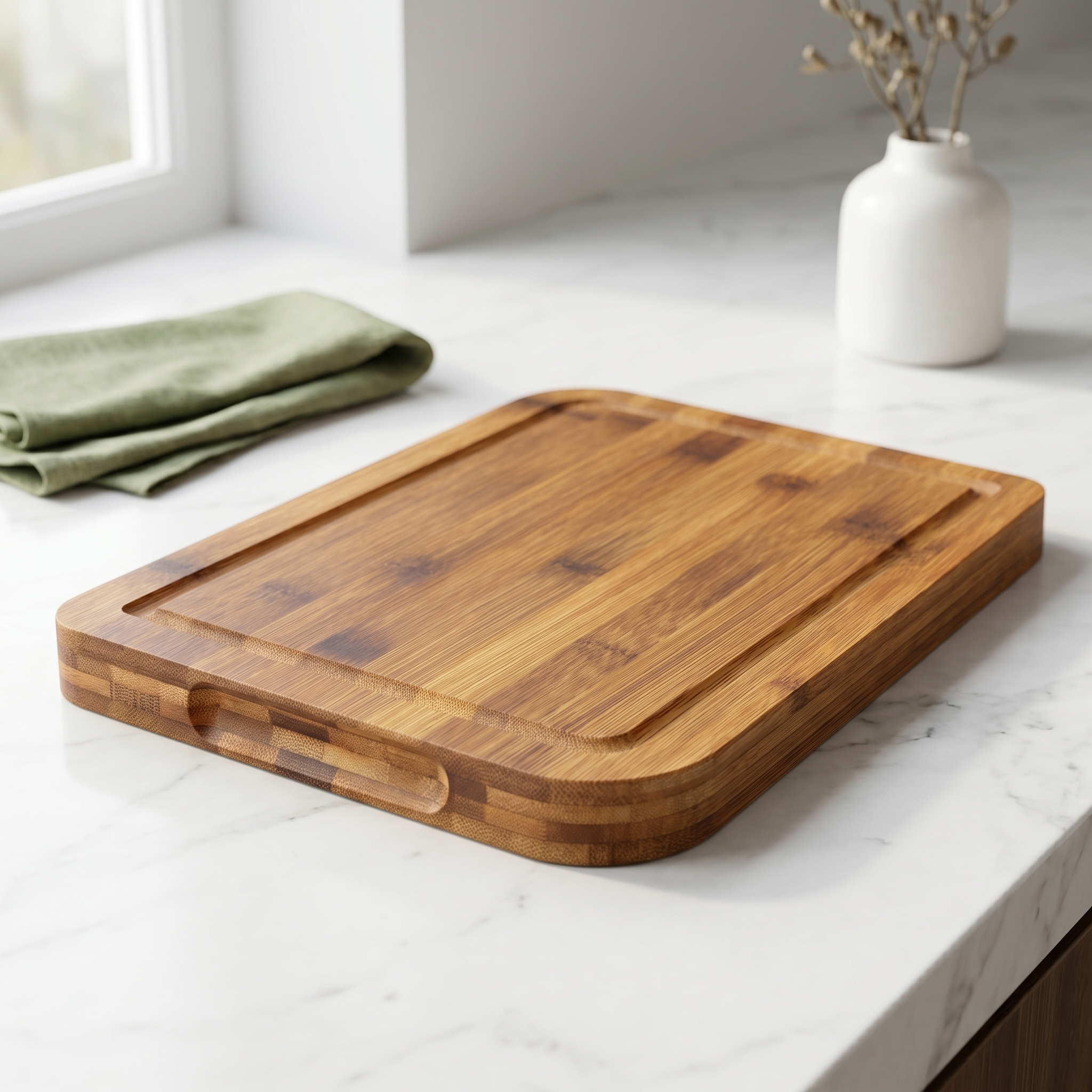 TEMU Tabla de Bambú Multifuncional para Cocina con Ranura Antigoteo, Base de Corte y Presentación, Salvamanteles de Madera Natural, 2 cm Grosor, 3