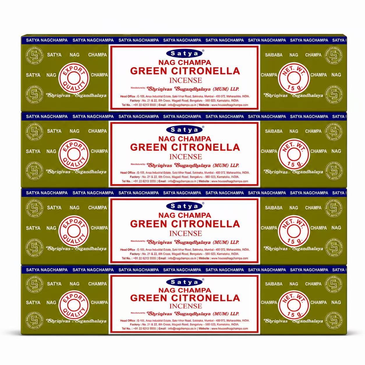 TEMU SATYA Pack 4 Paquete de 15g Total 60g Incienso GREEN CITRONELLA - Varillas de Incienso