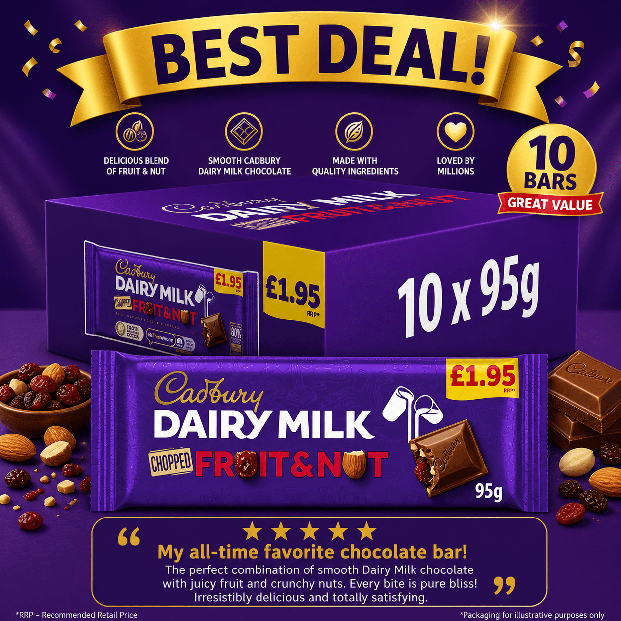 TEMU Cadbury Dairy Milk Chopped Fruit And Nut Chocolate Bar 95g (pack Of 10)