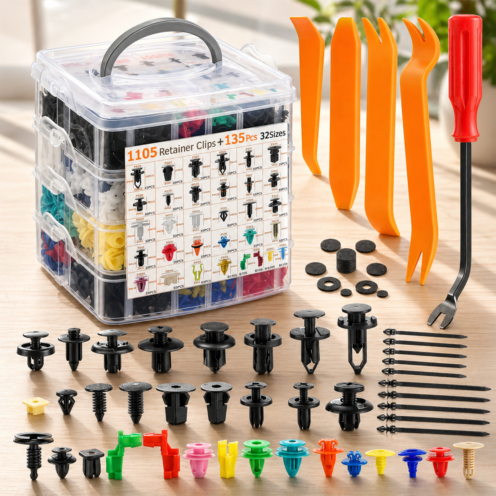 TEMU Kit De 1240 Piezas De Clips Para Coche, 32 Tamaños Universales De Remaches Plásticos, Con 4 Herramientas De Desmontaje De Molduras, 1 Extractor