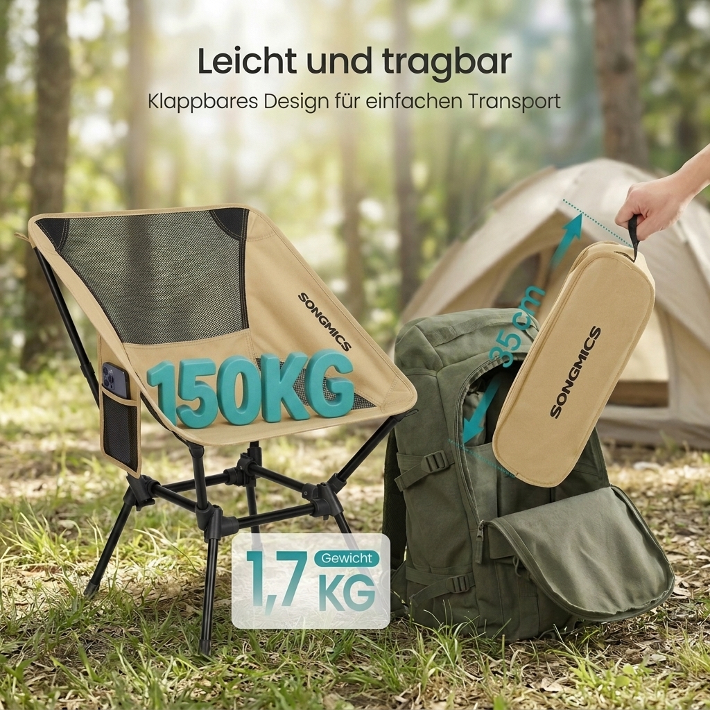 faltbarer outdoor campingstuhl , strandstuhl,höhenverstellbarer stuhl mit stahlrahmen, 2 seitentaschen, für reisen,angelstuhl, braun