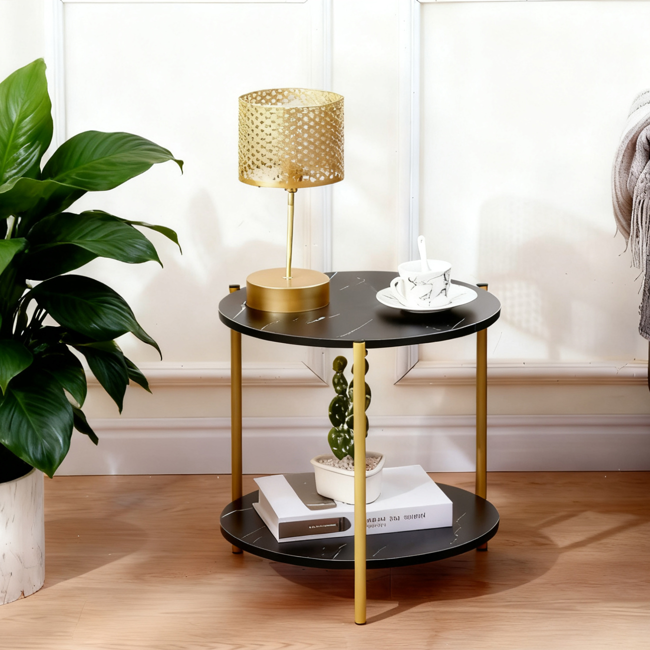 Round End Table With Storage Shelf, Print Sofa Side Table, 2-tier Nightstand Bedside Table For Living Room Bedroom Small Space, Modern Tea Table With