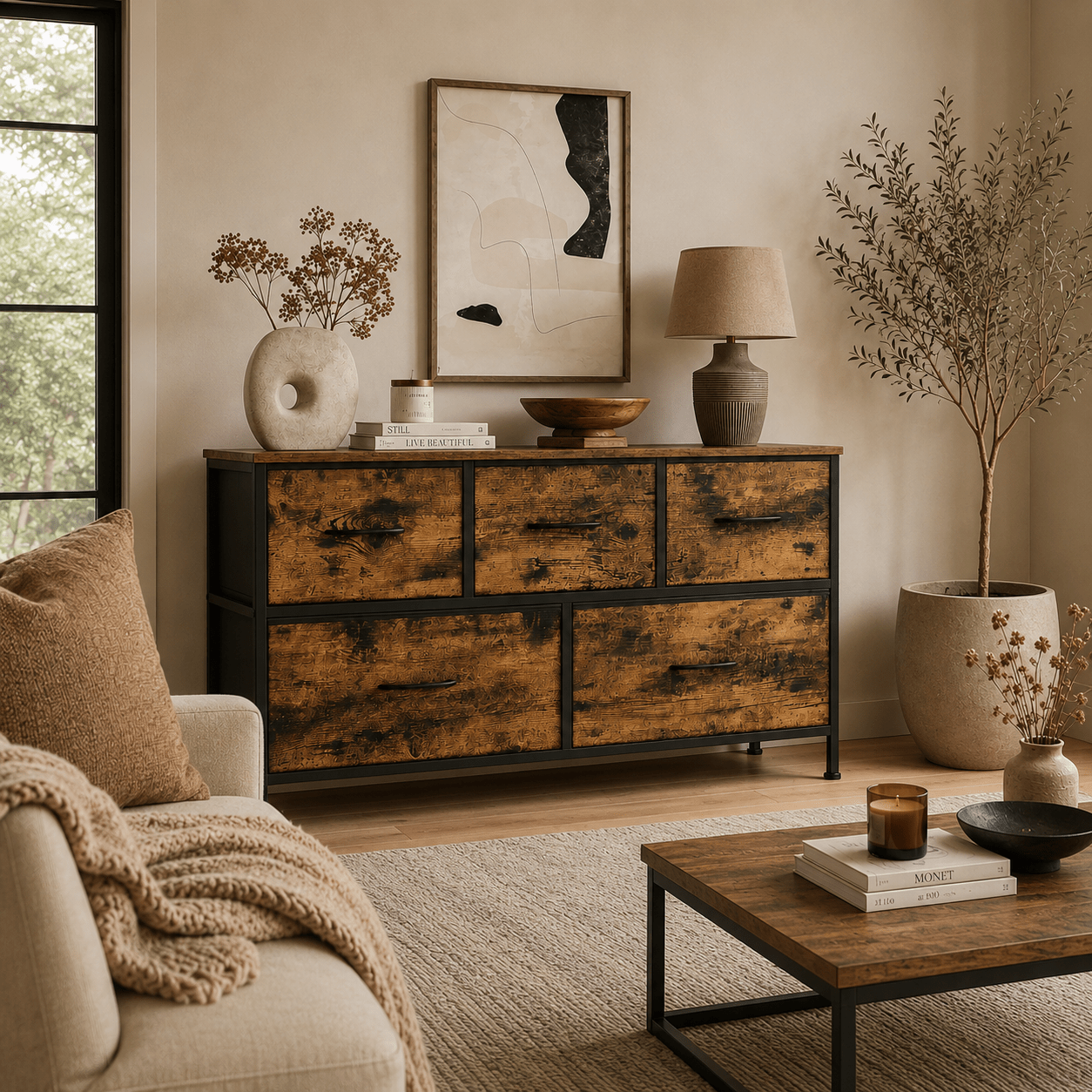 Chest Of Drawers Cabinet 5 Fabric Drawers Storage Cabinet Steel Mdf Non-woven Fabric Bedroom Hallway Living Room Ink Black