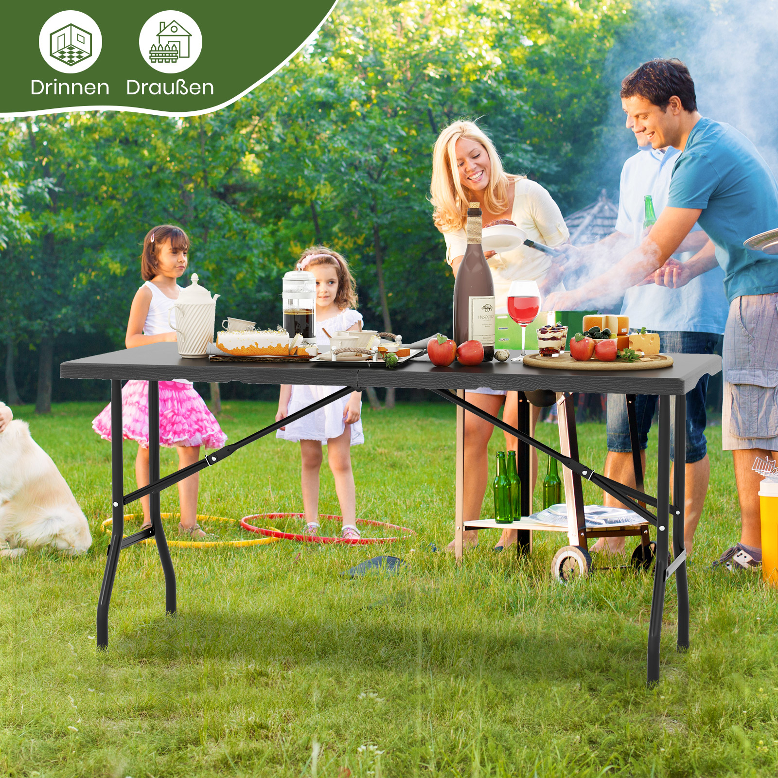 Image of Outdoor Portable Folding Picnic Table, Patio Dining Table W/wood Grain Hdpe Tabletop & Metal Frame, Foldable Camping Table