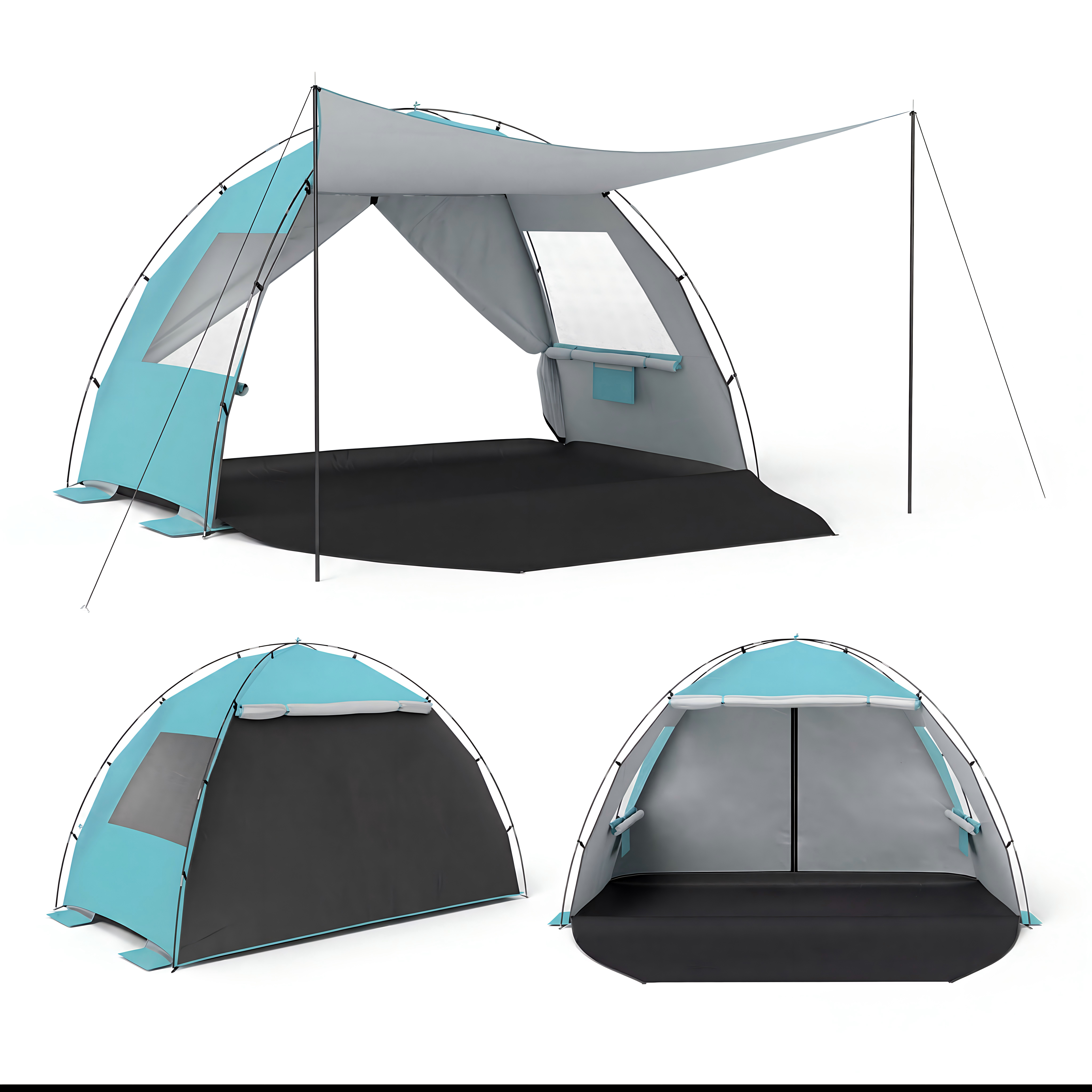 Beach Shelter, Sand Shelter For 3-, Beach Tent With Awning, Zippered Doors And Mesh Windows, Portable Tent With Carrying Bag For Beach And Camping