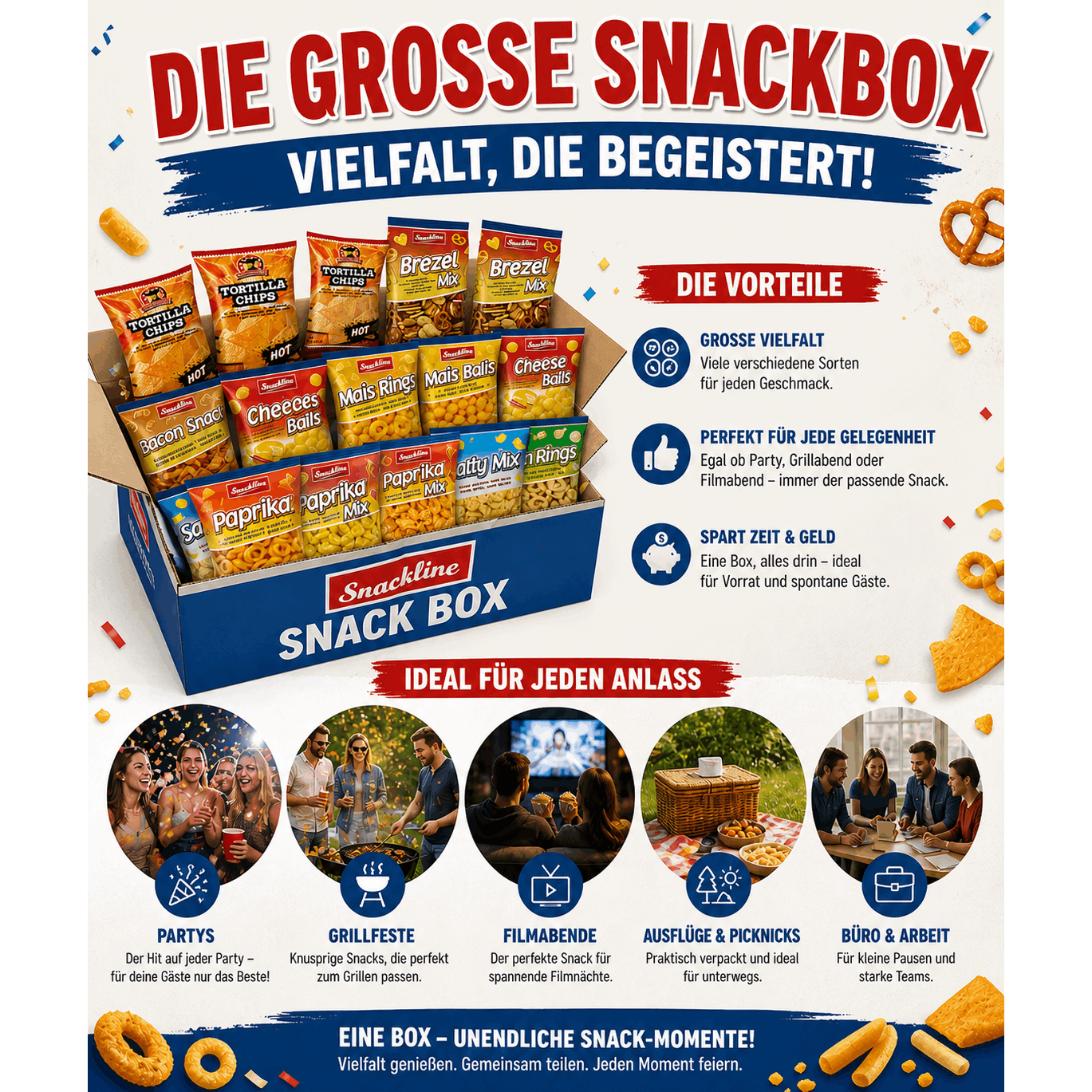 Image of Snackline Xxl Snack Box | Party Mix | 20 Packs Of Crunchy Snacks | Crispy Snack Mix | For Movie Nights, Party, Birthday Party, Grill Party, Events And Office