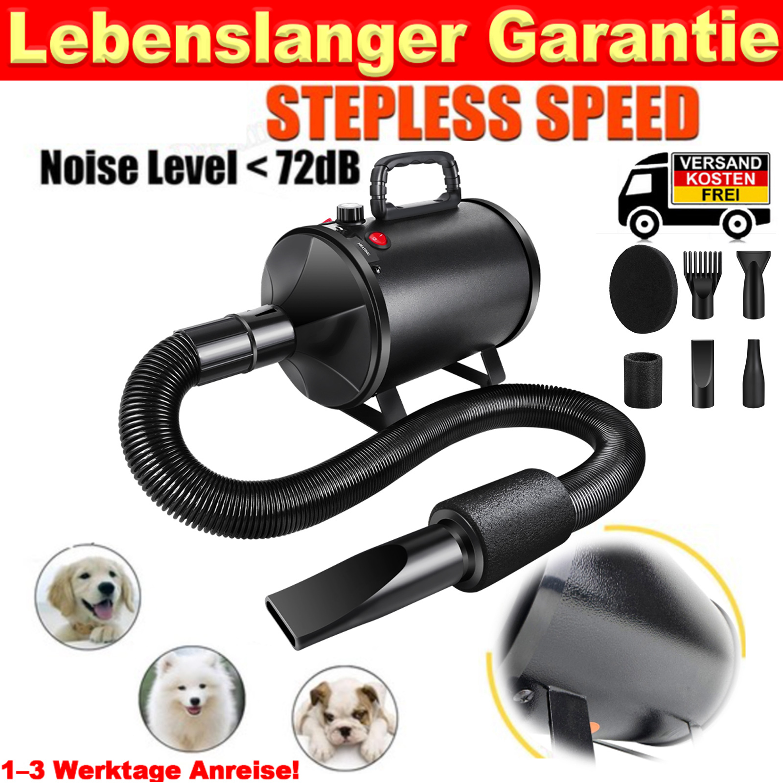 Image of 3800w Dryer & Blower - Pet Dryer Hair Grooming Blaster, Extremely Quiet Hair Dryer For Dogs - Speed & 4 Nozzles - Professional Care For Dogs & Animals - Ideal For Snow/winter