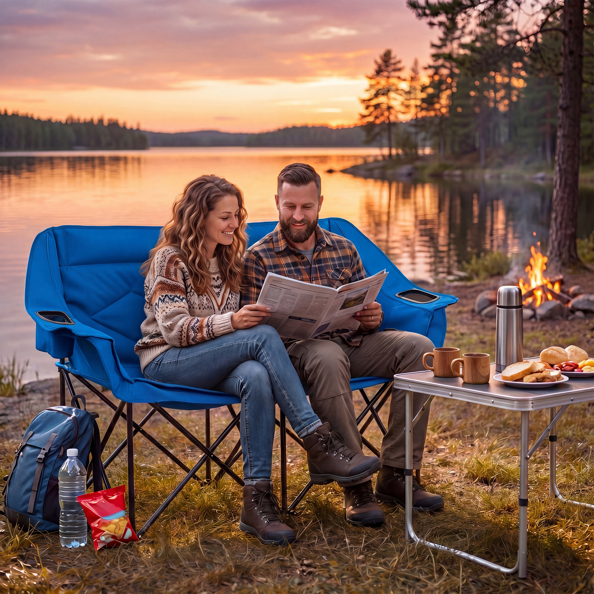 Image of Double Camping Chair, Oversized Padded Loveseat With Cup Holders, Glass Racks And Mesh Pockets, 660 Lbs Heavy Duty Folding 2 Person Camp Couch With Carry Bag For Lawn, Beach And Picnic