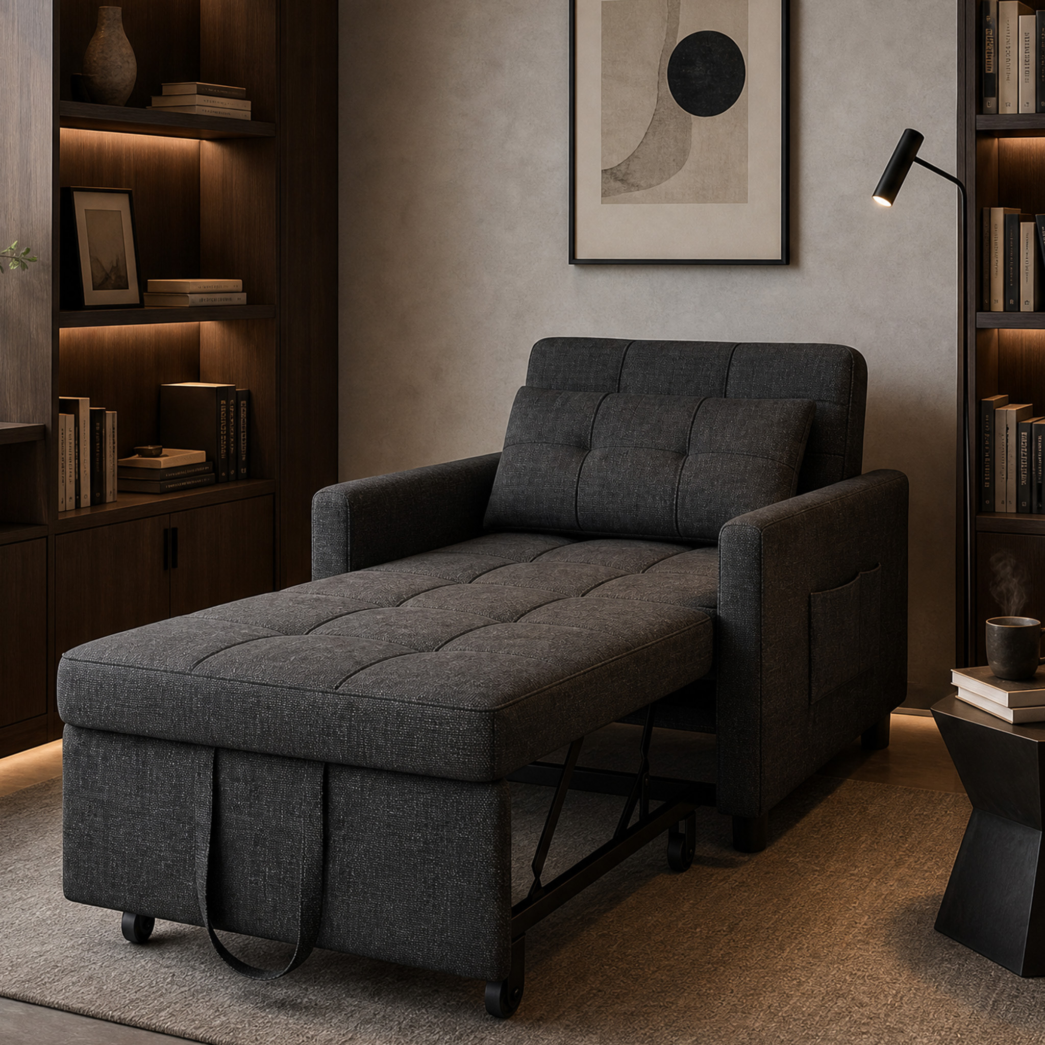 Sleeper Chair 175x78x40 Cm With Adjustable Backrest & Wheels, Side Pocket, Dark Grey Single Chair, 3-in-1 Sofa Bed, Coree
