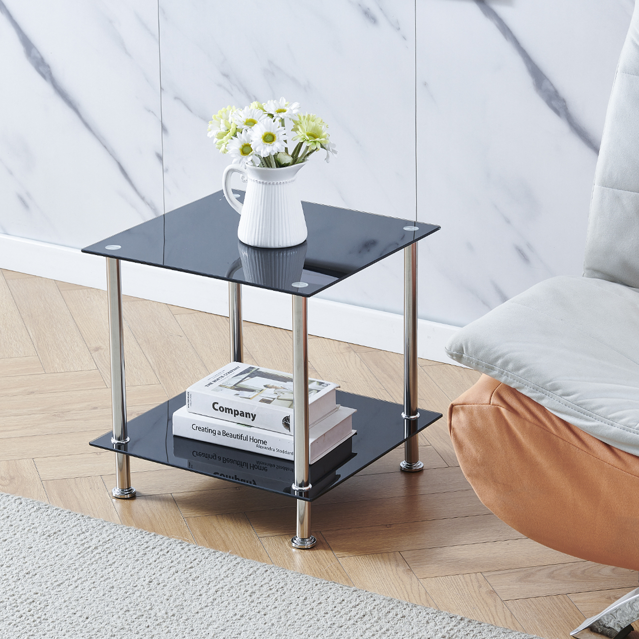 Glass Side Table With Storage, Square Side Table For Living Room Small Table Coffee Table Sofa Table