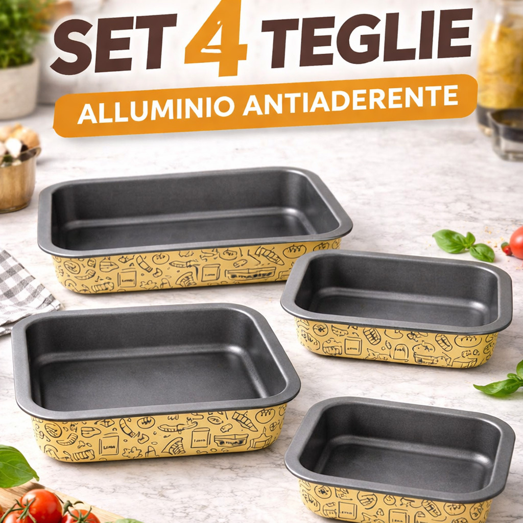 TEMU BAKAJI Set 4 Teglie Rettangolari da 20 - 25 - 30 - 35 cm da con Antiaderente e Cottura Omogenea, Teglia per Cucinare Rapidamente Lasagne, Dolci,