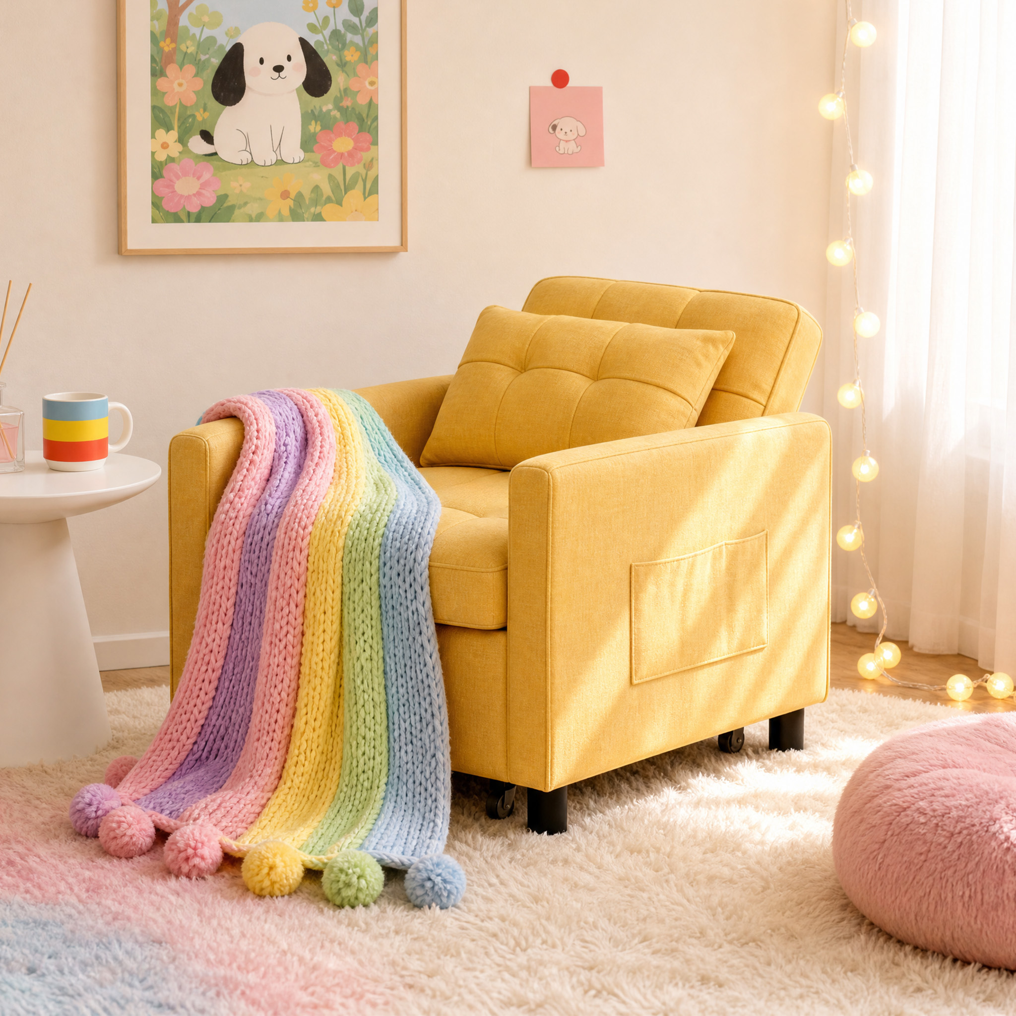 Image of 3-in-1 Sofa Bed, Yellow, Chair-bed, With Pillow, Made Of Steel, Linen, Foam, With Spiral Springs, Loadable Up To 160 Kg. Chair Dimensions: 78x86x84 Cm (wxdxh), Bed: 78x174x40 Cm