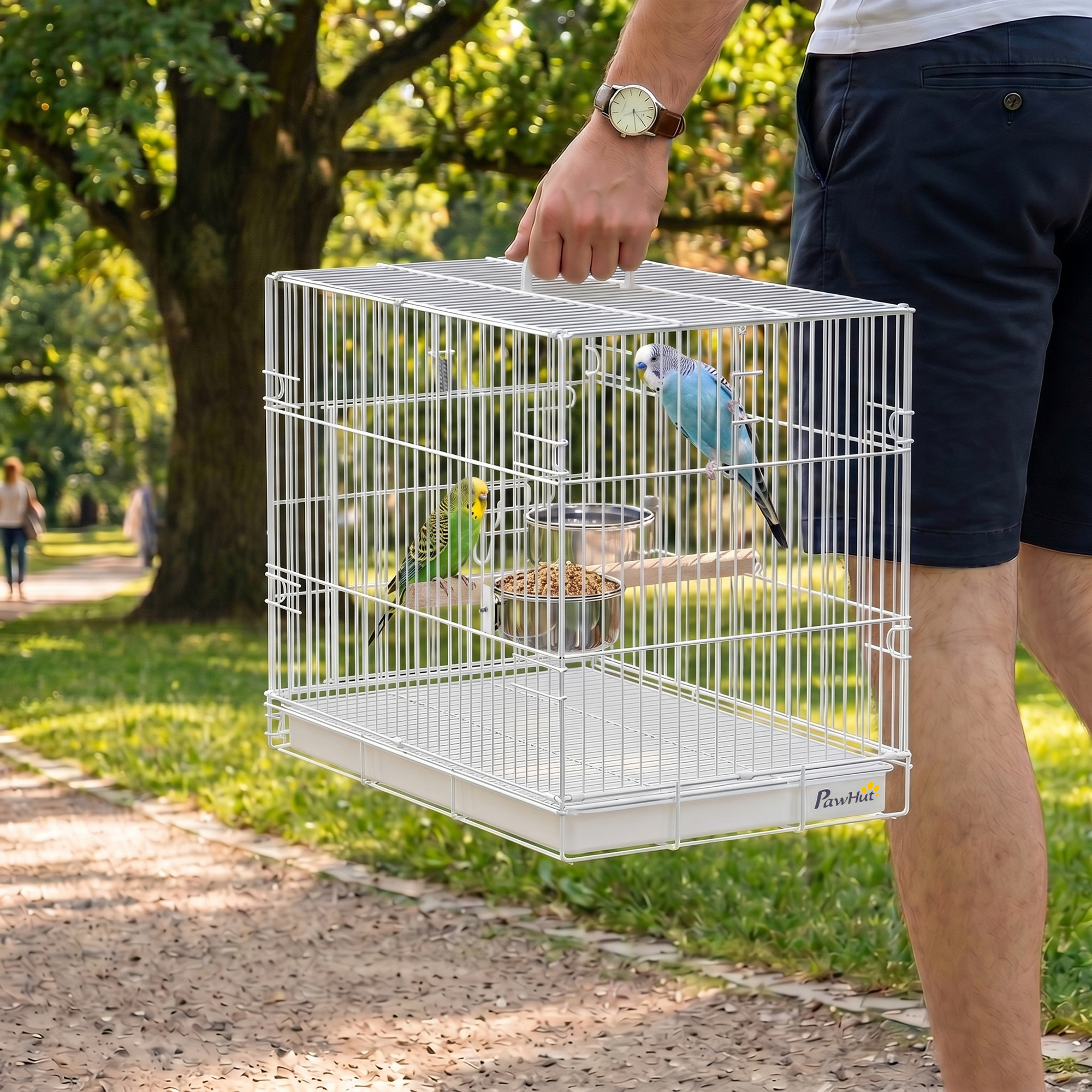 Image of Birdcage Foldable Birdhouse With Wooden Perch, 2 Feeding Troughs And Carrying Handle Bird Aviary Made Of Steel With Pull-out Tray For Cockatiels, Lovebirds White 49 X 31 X 40 Cm