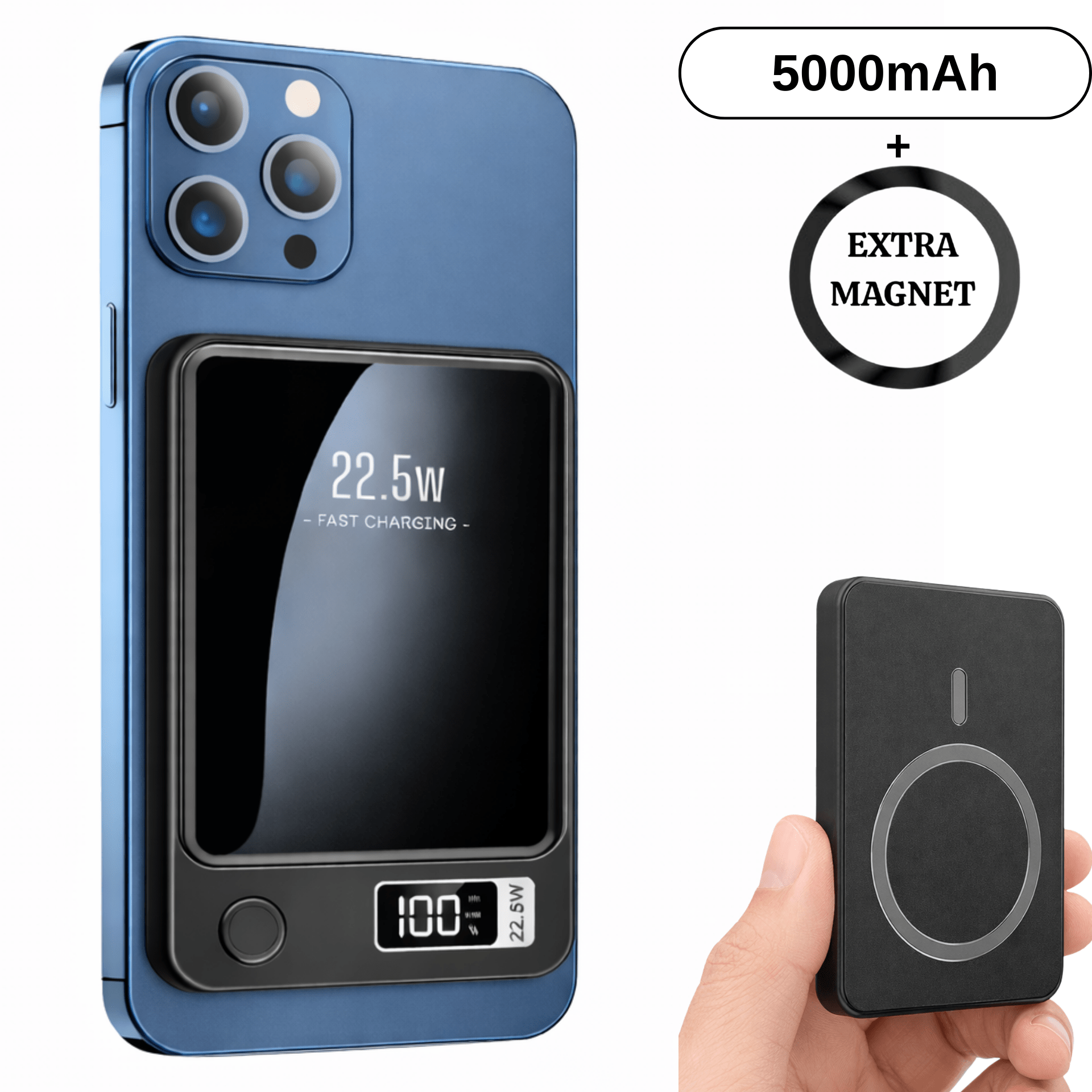 Ufuzon 5000 Mah Magnetic Wireless Power Bank - 22.5 W Usb-c Fast Charger With Led Display - External Battery Compatible With Smartphone