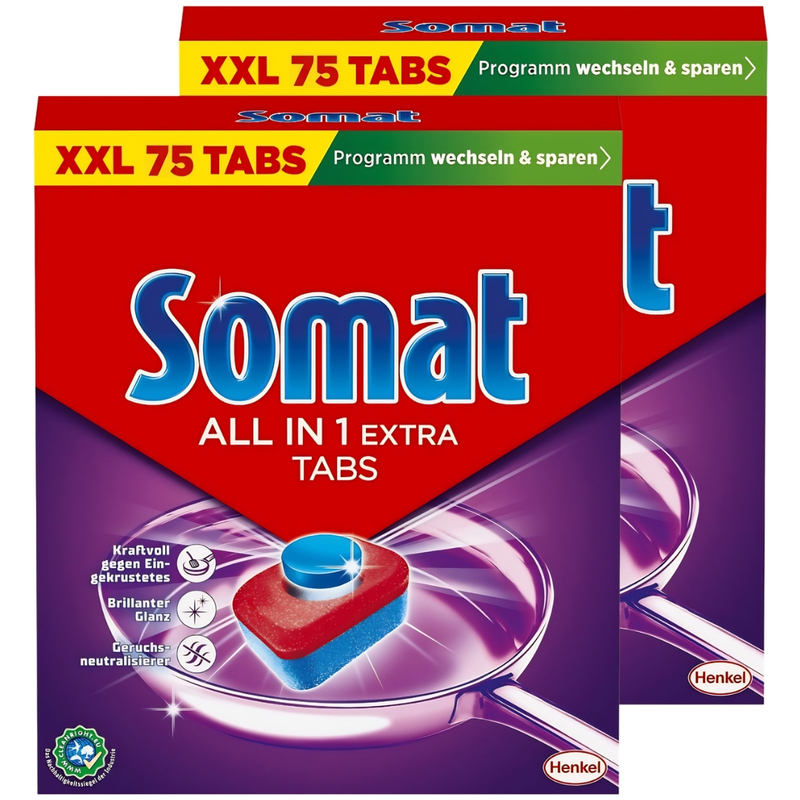 Somat Extra Dishwasher Tablets | 2pcs Set (150 Tabs) | Powerful Against Encrusted Food | Shine | Odor Neutralizer