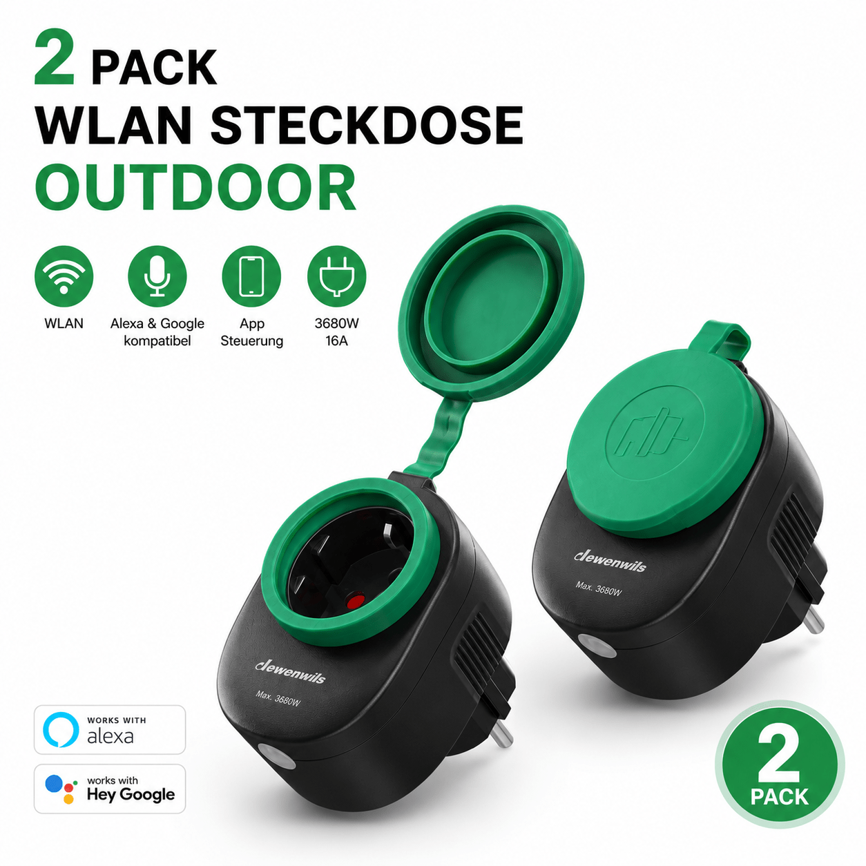 Wlan Outdoor Socket, 3680w Alexa Socket, Compatible With Smart Home , No Required, 2 Pack