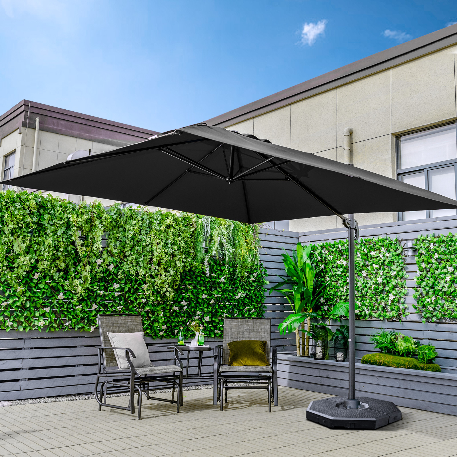 Cantilever Patio Umbrella W/ 3 Tilt Settings, 360° Rotation, Crank Handle, 8 Sturdy Ribs, Base, Wind Vent, Sun-protection Outdoor Umbrella, Large Market Umbrella For Garden, Deck, Cafe