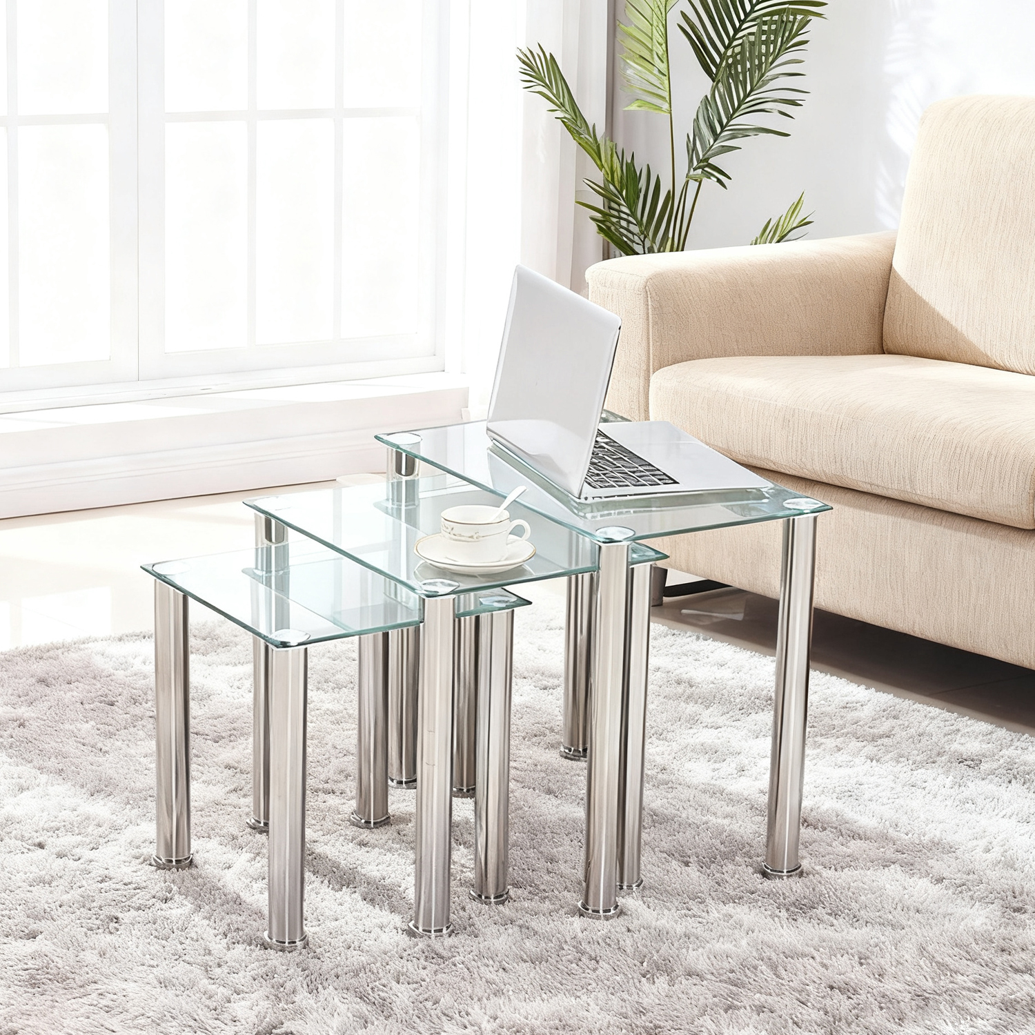 Glass Nesting Coffee Tables Set Of 3, Simple Living Room Table Set, Tempered Glass Sofa Side Tables Square Nesting End Tables With Chrome Legs
