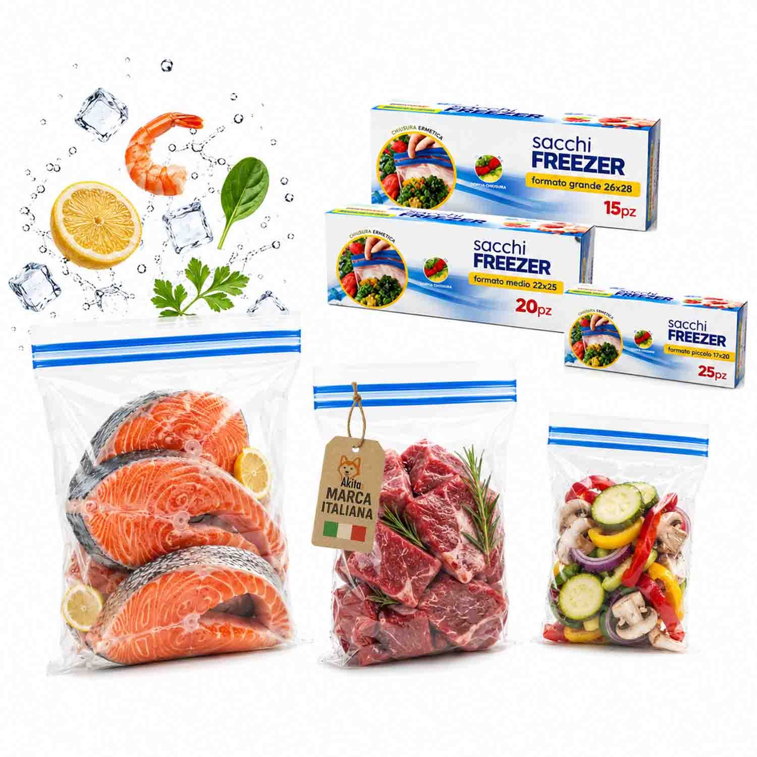 TEMU AkitaInk Set 60 Sacchetti Freezer con Chiusura Zip, Buste Alimentari Richiudibili in 3 Misure Assortite per Conservazione Cibi