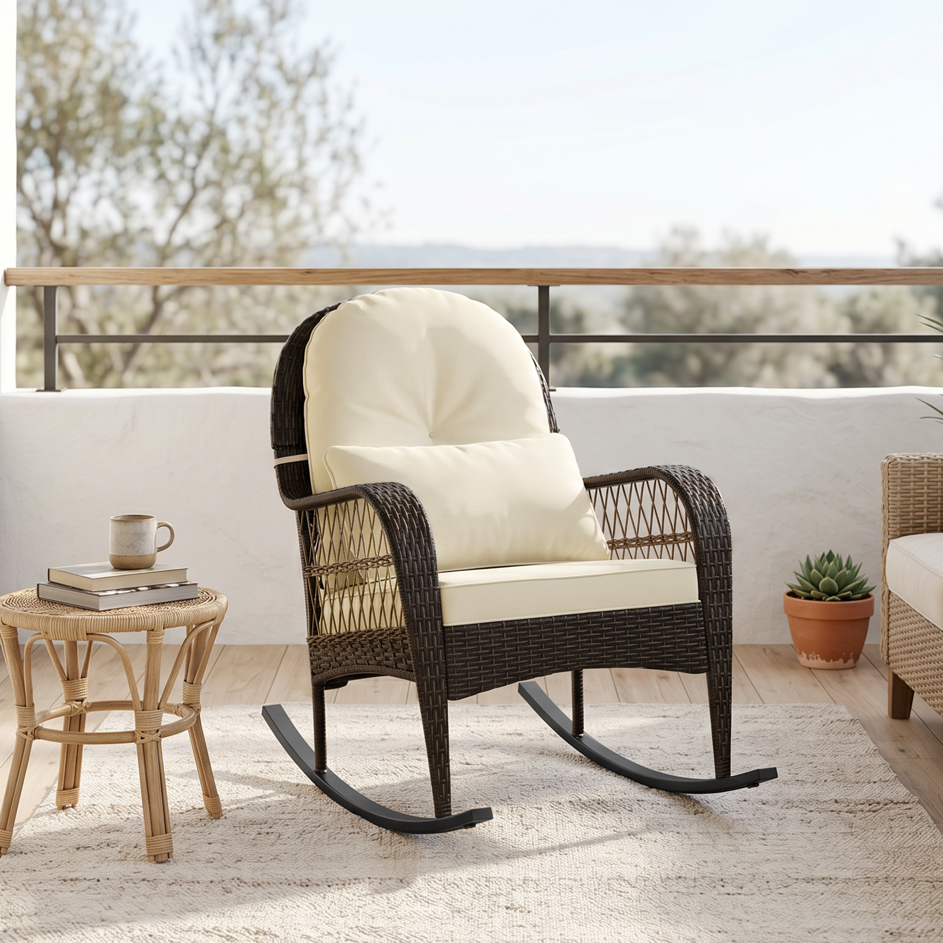   outdoor rattan rocking chair all weather rocking chair patio rocking chair backyard rocking chair   to 136 kg garden rocking chair with thick cushions and pillow  