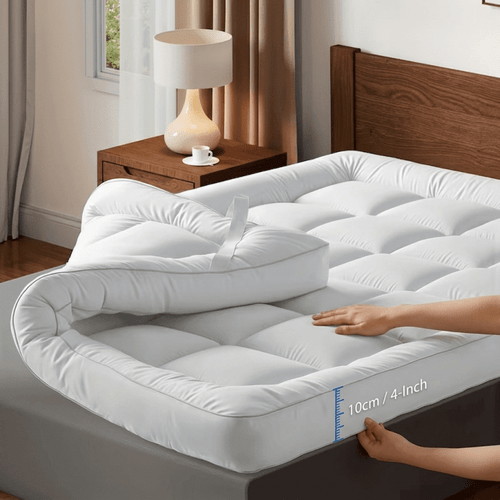 extra thick mattress topper 10cm 4inch microfiber overfill plush soft surface four corner elastic straps for anti shift weight distribution fits single super king uk beds
