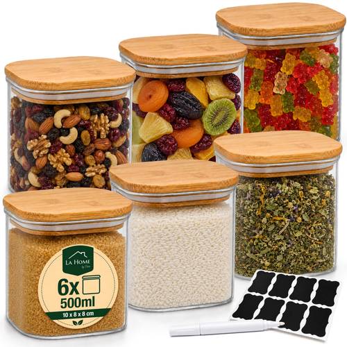 Set van 6 glazen voedselbewaarbakjes, 500ml | Vierkante keukenpotten met natuurlijke bamboe deksels en siliconen afdichtingen | Keukenorganisatiepotten voor kruiden, specerijen, , thee, gedroogd fruit | Keukenorganizer voedselcontainers, BPA-vrij, met 8 krijtbordetiketten en stift | Duurzame glazen potten voor en kasten, vaatwasserbestendig glasgedeelte | Stijlvolle voor pasta, rijst, universele potten voor een moderne keuken