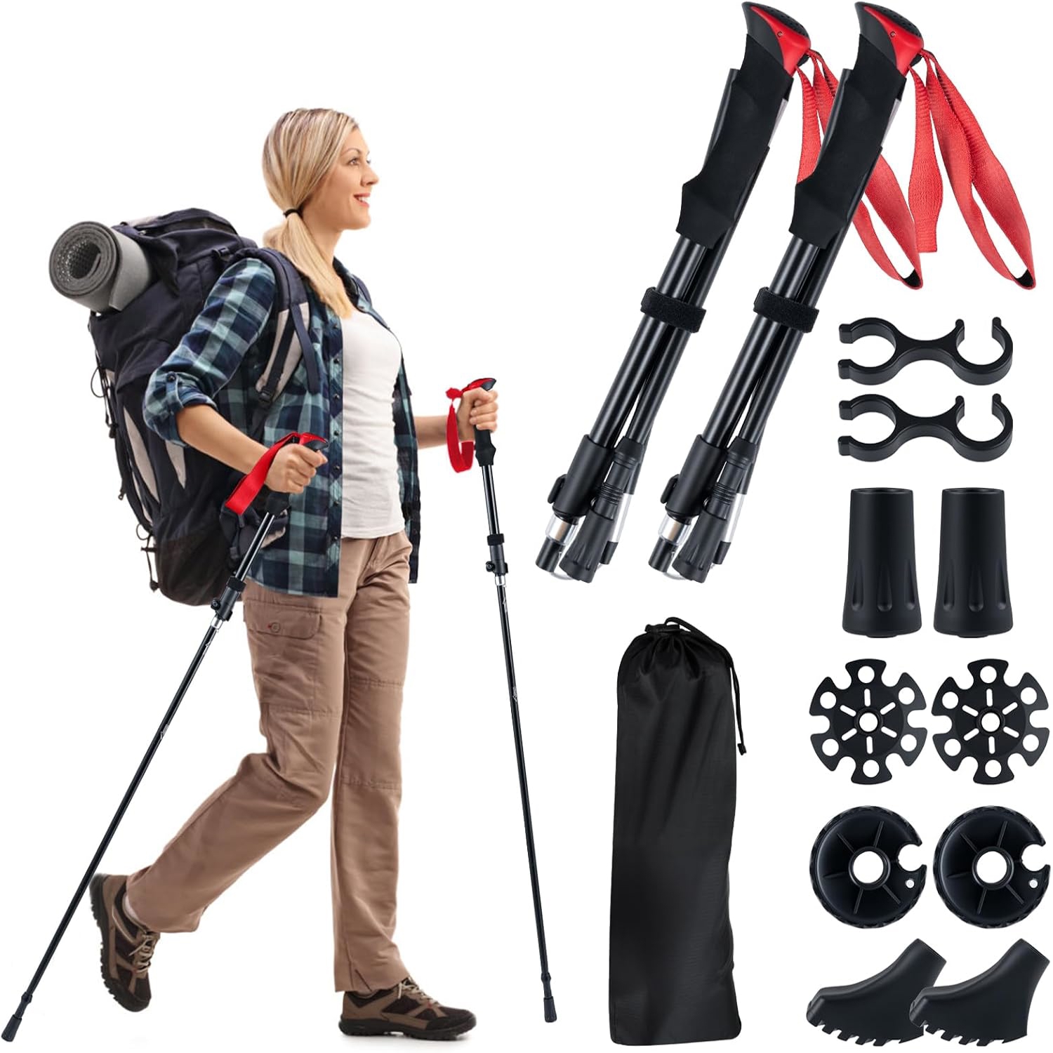 Image of Adjustable Hiking Poles 115-130 Cm, Telescopic Walking Sticks, Lightweight Aluminum Trekking Poles With 4 Pairs Of Rubber Tips, Carrying Bag For Women And Men