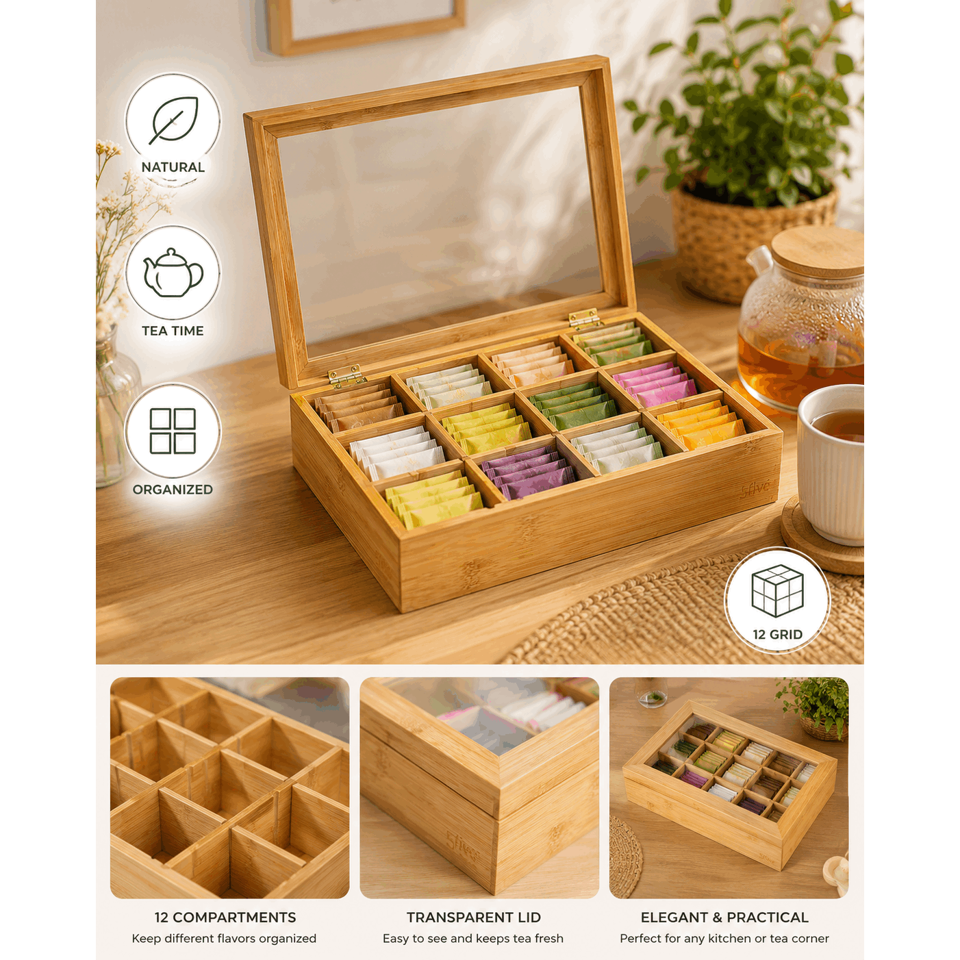 TEMU 12 Compartment Tea Box 28x23cm â Transparent Lid Tea Bag Organizer