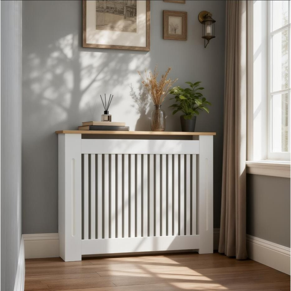 Image of Modern Tall Vertical Radiator Cover With Adjustable Shelves – Suitable For Large Heaters, Freestanding Heater Cover, Quick Assembly, Space- For Living Room, Fits Modern Homes, Mdf
