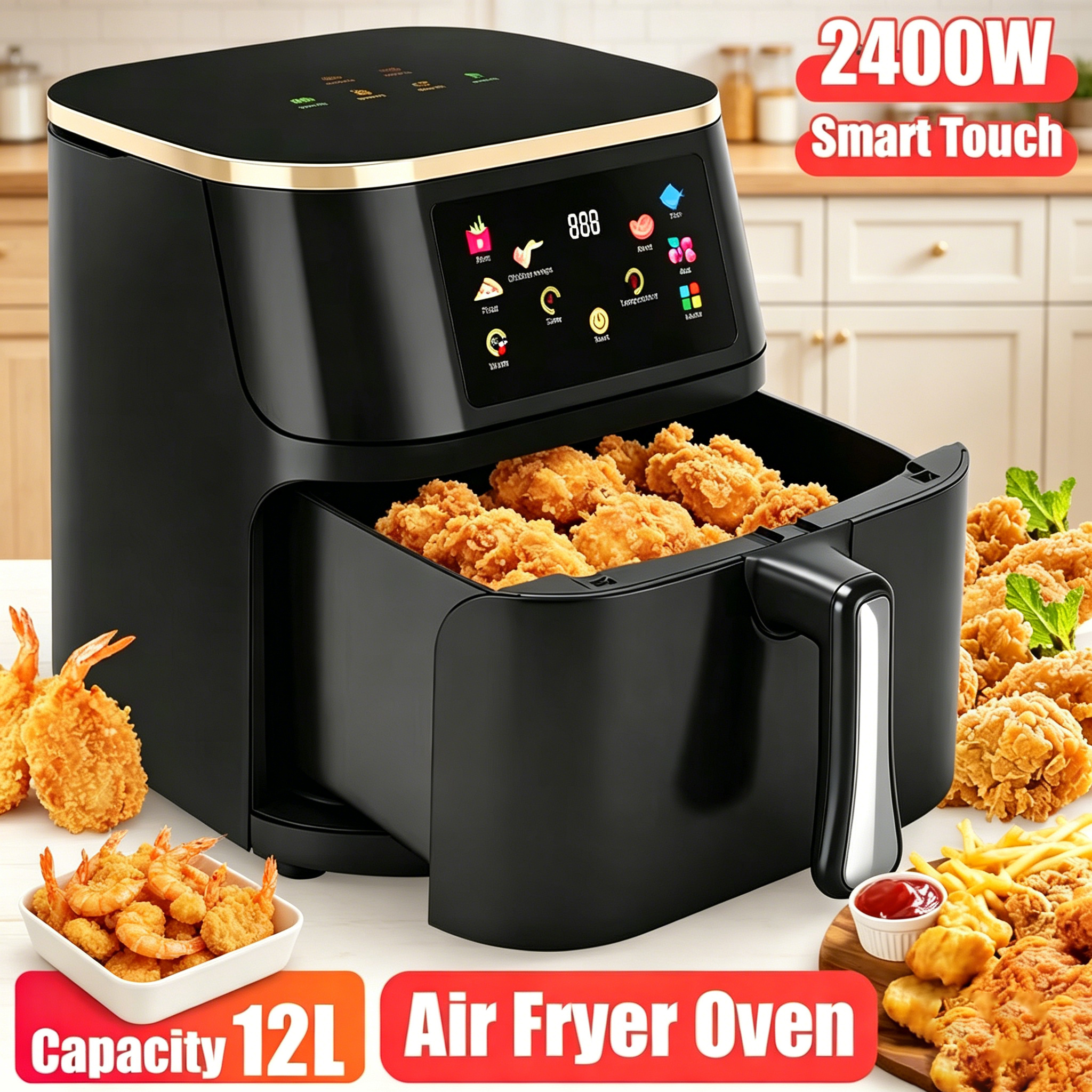 TEMU 12l Family Air Fryer Oven, Large Air Fryer With Digital Display, 2400w Powerful Rapid Hot Air Circulation, Timer & , Oil-free Cooking, Easy