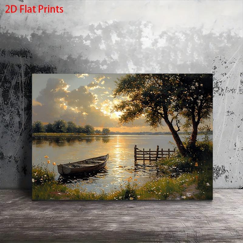 TEMU 2d Flat Painting, A Wooden Framed Canvas Artwork Depicting A At Sunset, With A Small Boat, Perfect For Hanging On Walls In Living Rooms And