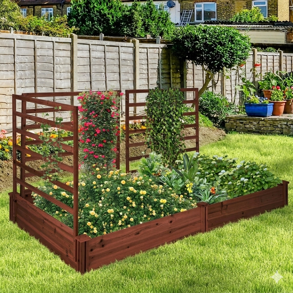Image of Elevated Garden Planter With 2 Large Boxes & 3 Trellises, Wooden Outdoor Raised Bed For Flowers, Herbs, Vegetables, Fruits, Climbing Plants, Ideal For Garden & Patio Spaces, 222 X 114 X 110 Cm