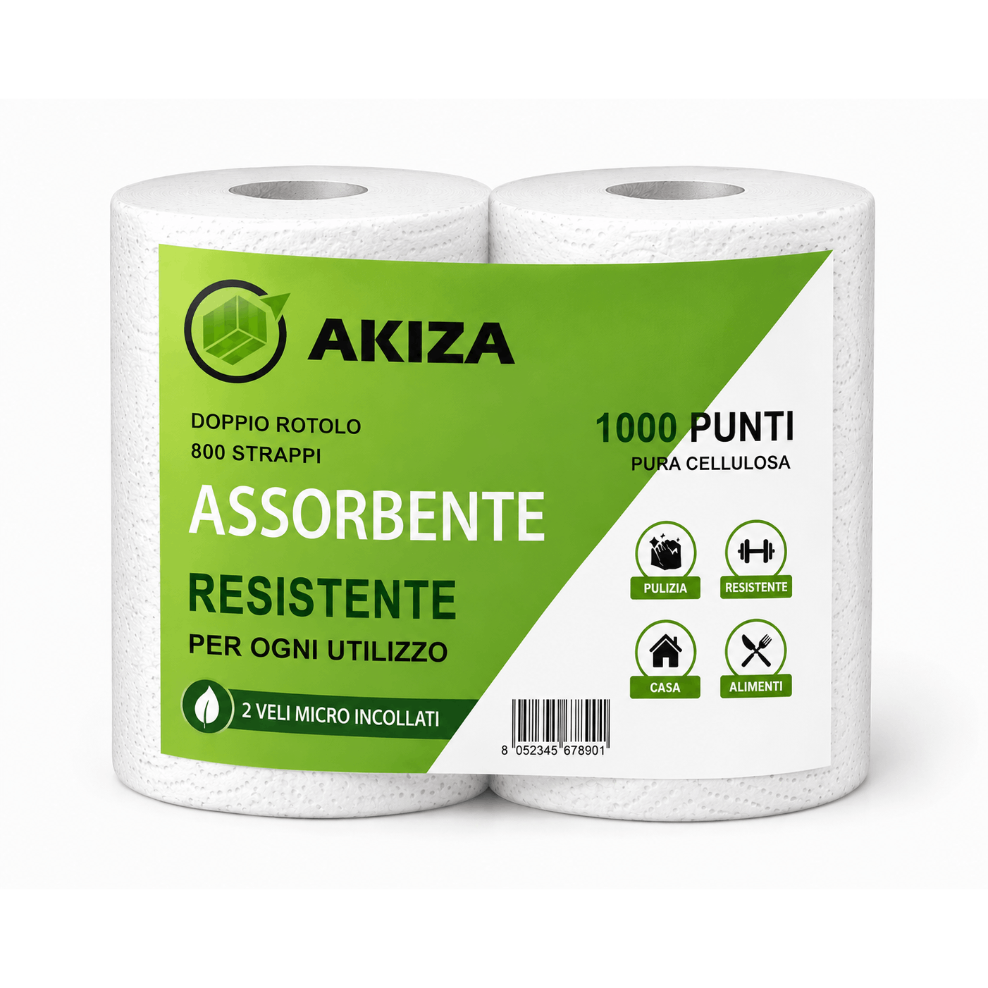 Pair Of Paper Towel Rolls In Pure Cellulose, 2 Sheets, 800 Sheets Per Roll, Super Absorbent, Industrial Format