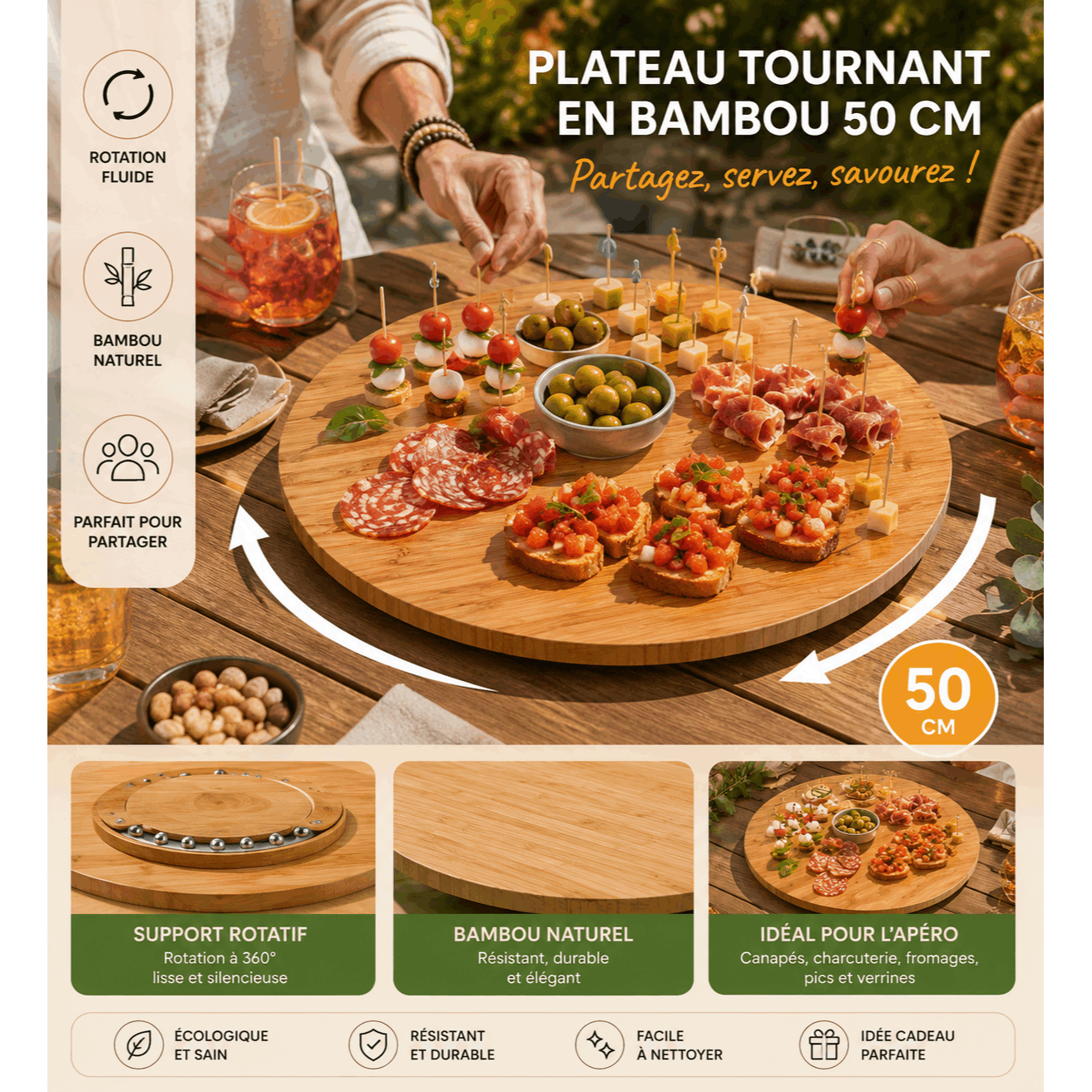 TEMU Plateau tournant rond en bambou 50 cm – Plateau rotatif de service et organisation cuisine