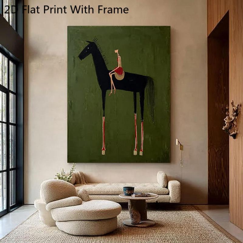 TEMU 2d Flat Print, 1pc, Featuring Wooden Framed Paintings, Canvas Printed Paintings, Paintings Depicting Horses And , Green Textured Wall Paintings,