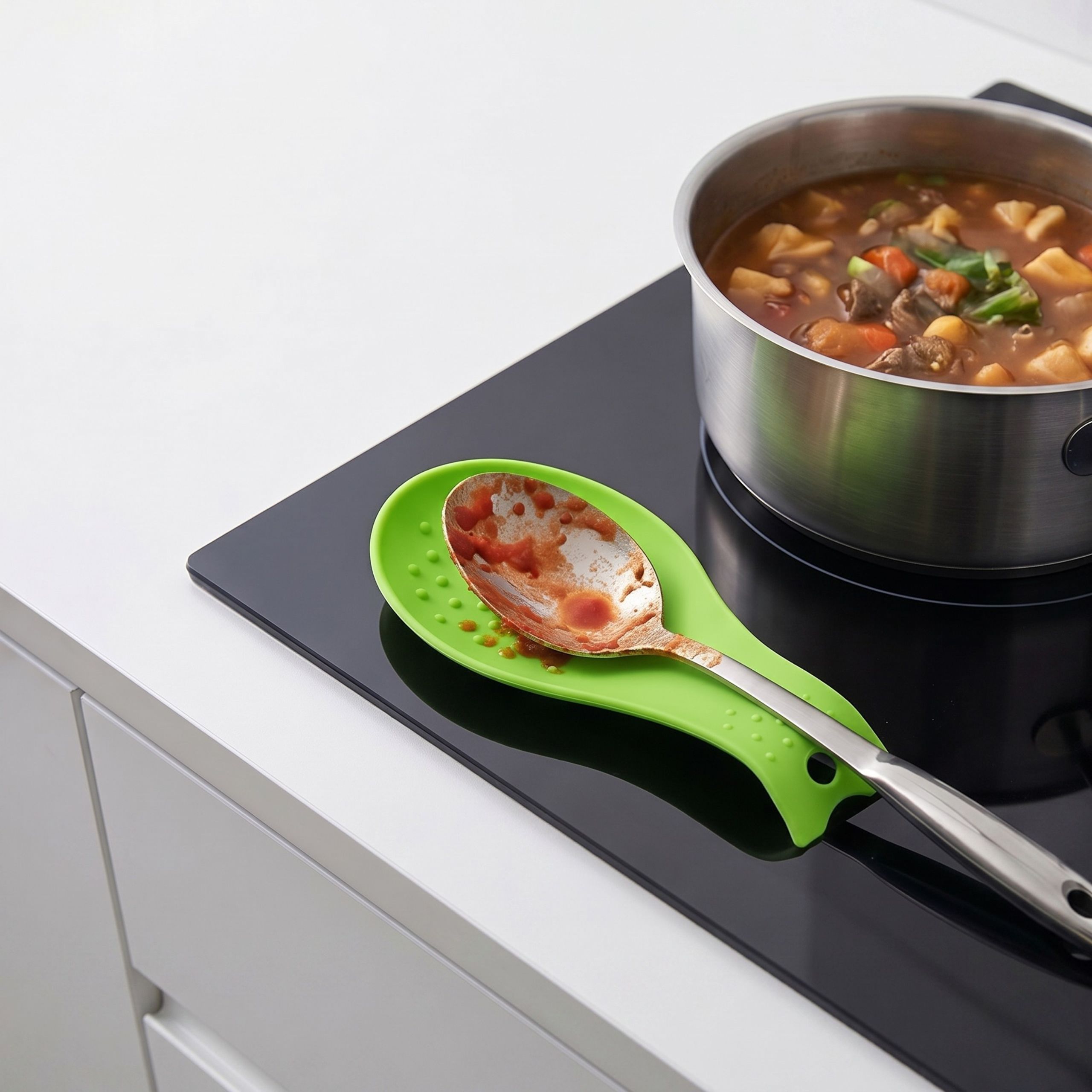 Image of Silicone Spoon, Ladle, And Spoon Stand Holder, Green Color