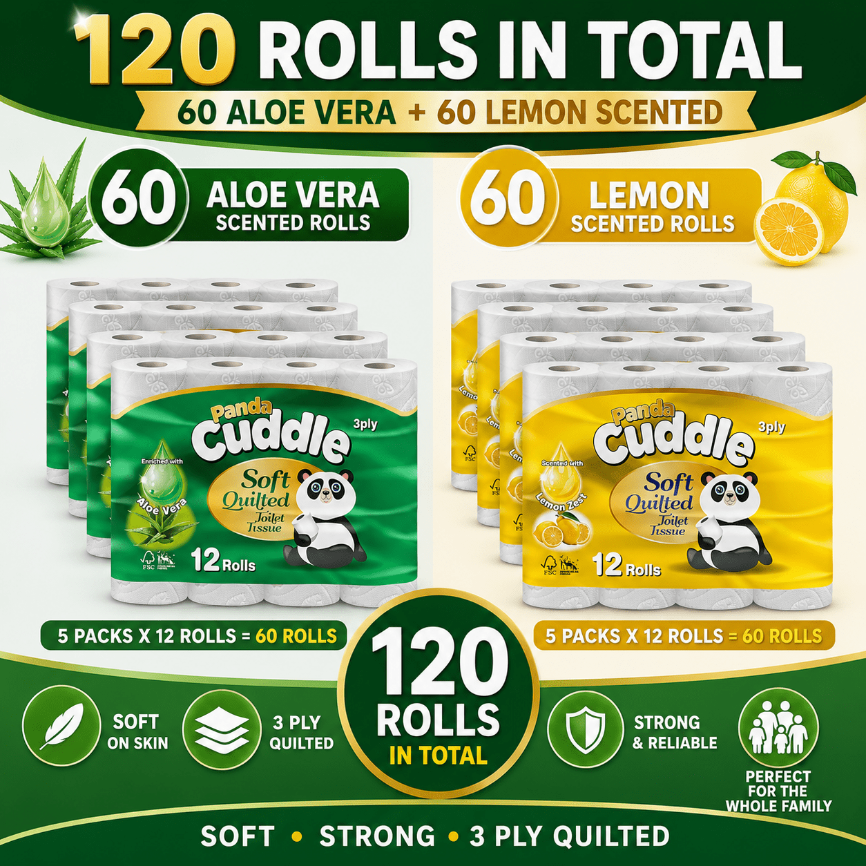 TEMU 120 Rolls Toilet Tissue 3 Ply Soft Strong Bulk Pack Aloe Vera & Lemon Mixed