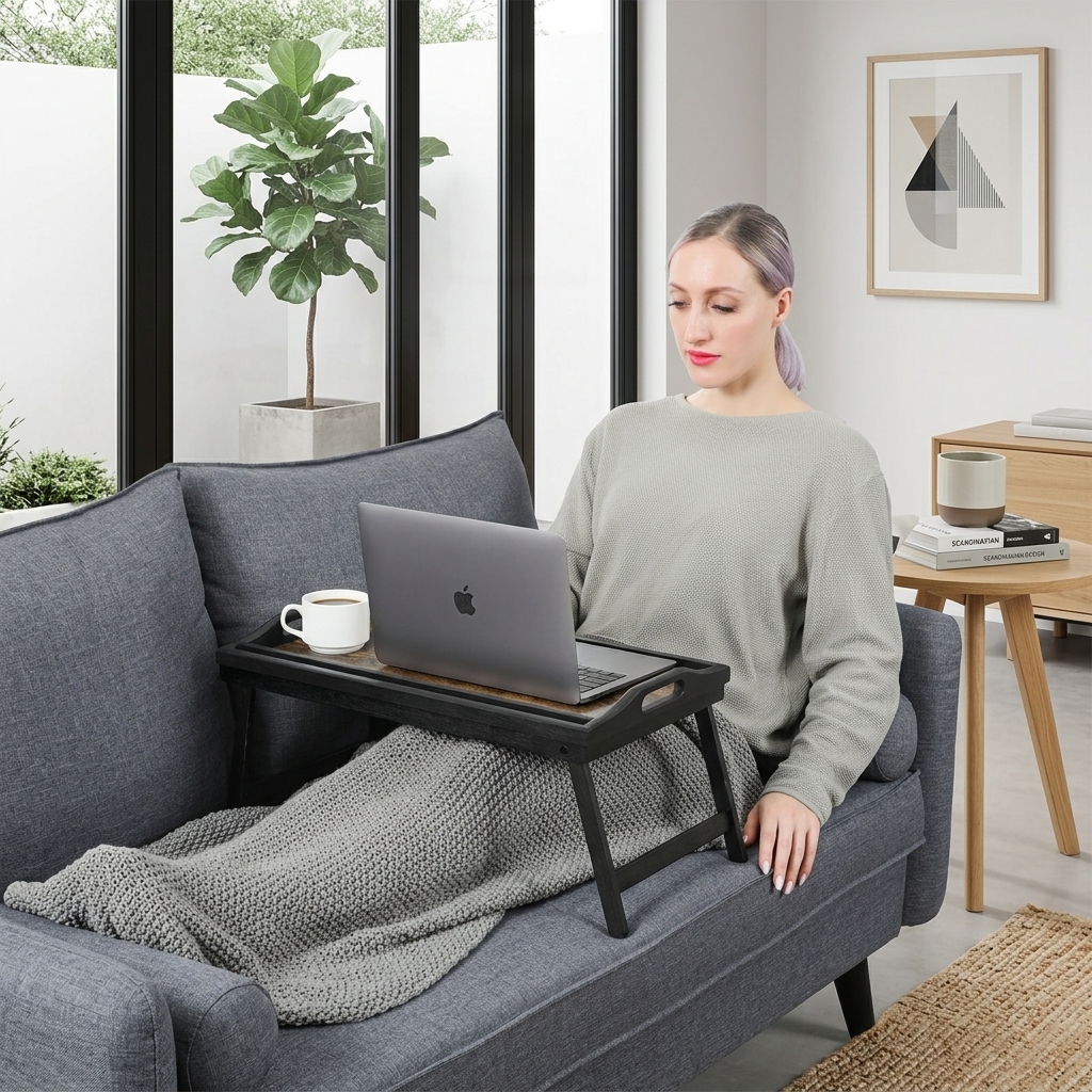 Image of Folding Bed Table, Laptop Desk - Breakfast Tray With Laptop Holder & Phone Slot, 50x30x26cm For Sofa/bed