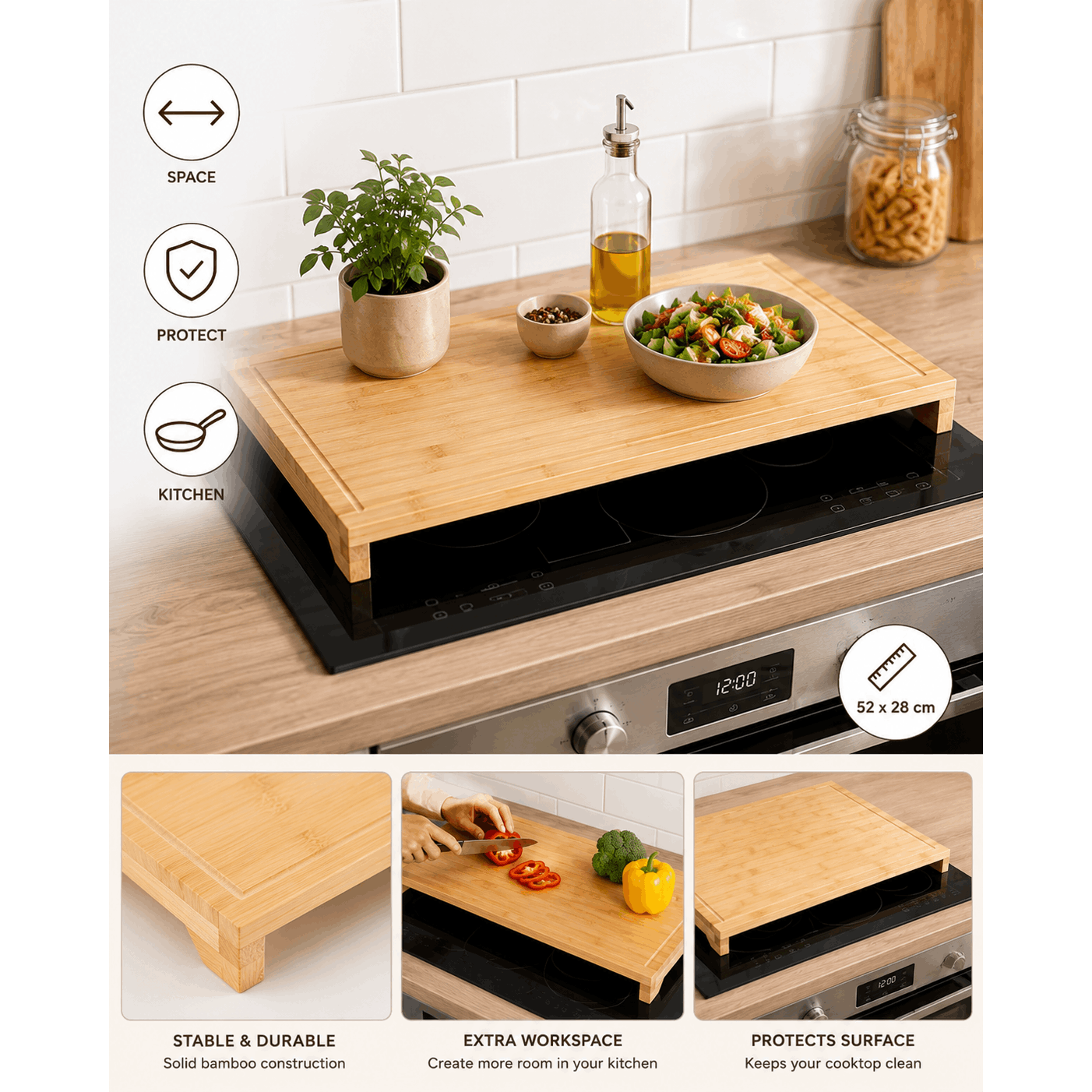TEMU Cache plaque de cuisson 52x28 cm – Protection et extension de plan de travail cuisine
