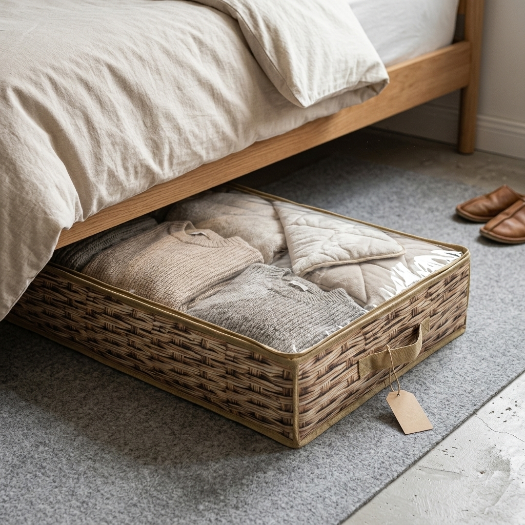 TEMU Bolsa de Almacenamiento Cama con Transparente, Organizador de Ropa y Mantas, Diseño Tejido Marrón (80x45x15cm)