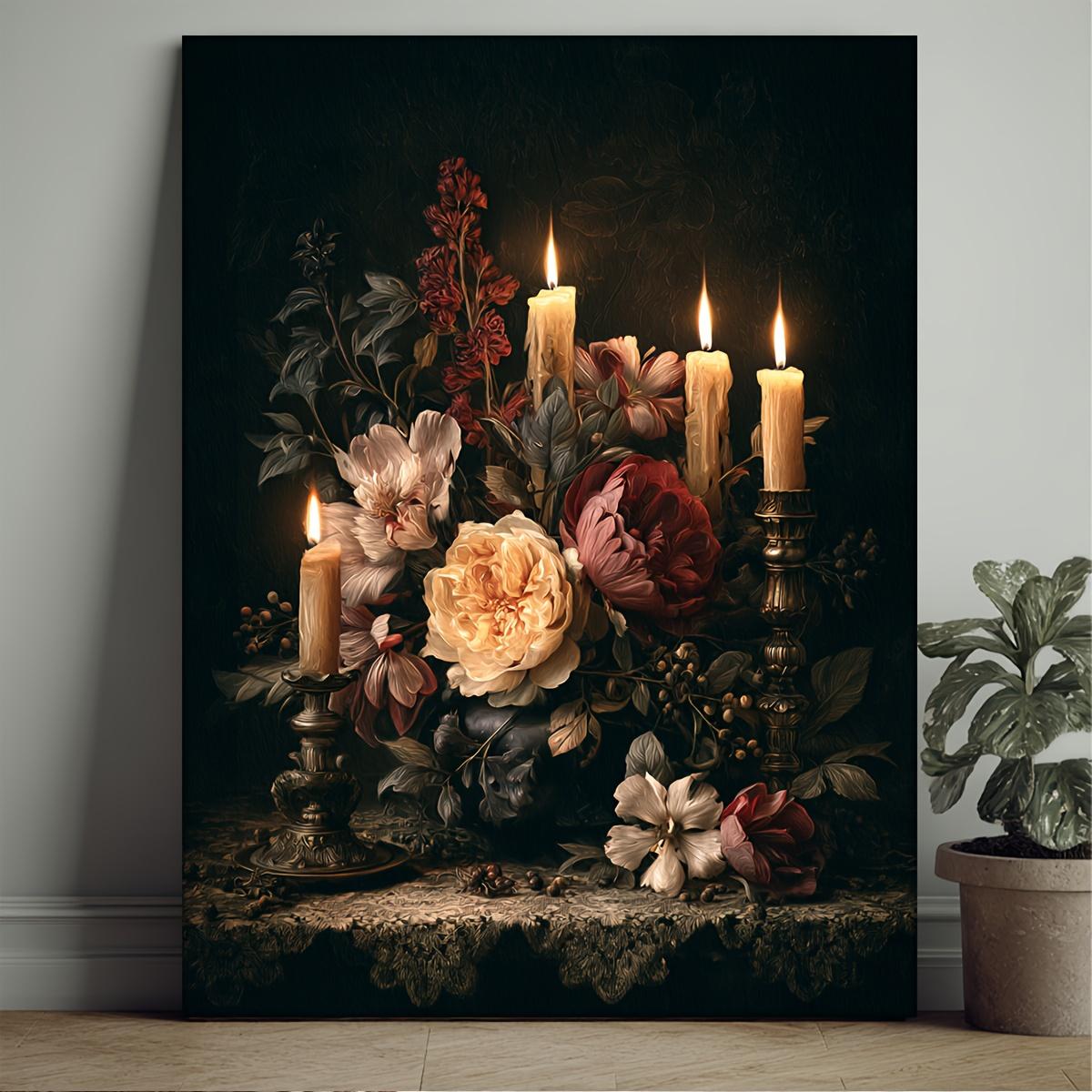 TEMU 2d Flat 1 Retro Gothic Dark Academic Candle Painting - Wall Art Print, , White, Black, Gold, Brown, Beige Tone - Framed Canvas Poster, Suitable