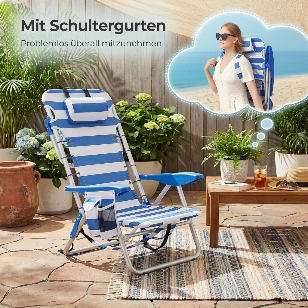 E-shop Strandstuhl, Campingstuhl, Outdoor-Freizeitstuhl,Lounge-Sessel,faltbar, mit Schultergurt, verstellbare Rückenlehne, 2 Seitentaschen,
