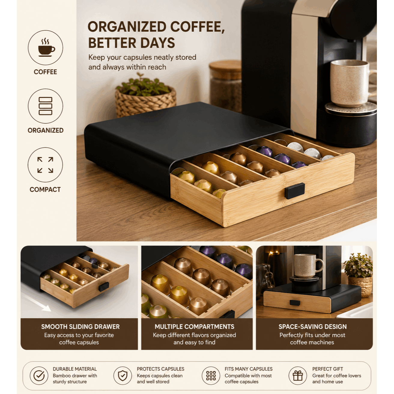 TEMU Coffee Capsule Holder With Drawer – Compact Organizer For Capsules And Coffee Corner