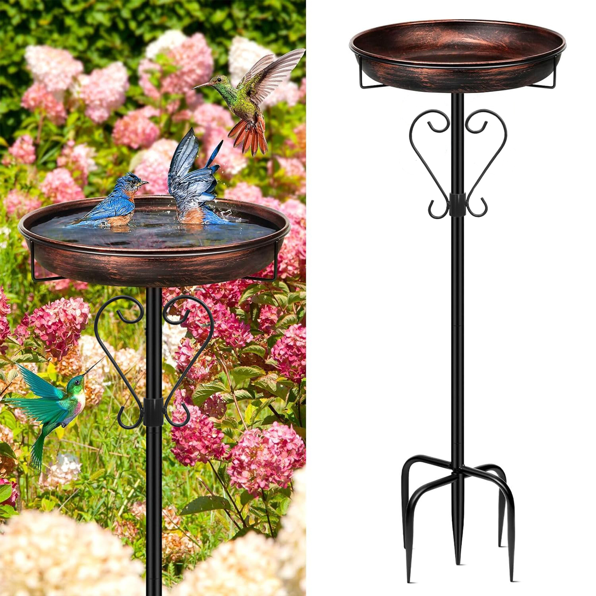 Image of 34-inch Metal Bird Bath For Outdoor Use, Vintage Freestanding Birdbath With Feeder Function, Decorative Bird Bath Bowl For Garden, Patio, Yard & Lawn, Upgraded 5-pronged Base For Stability