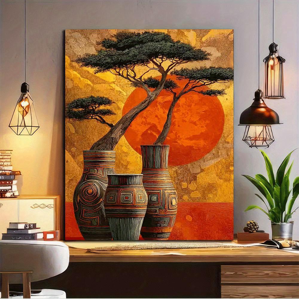 TEMU 2d Flat 1 African Pine Tree And Vase Canvas Wall Painting - Colorful Sunset, Art , Suitable For Living Room, Bedroom, Office Decoration - Ideal