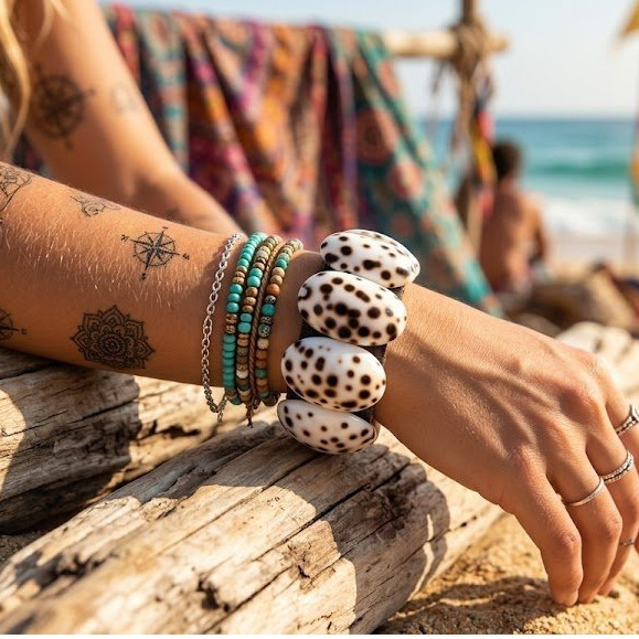 Boho Shell Bracelet Wide Elastic Natural Design Beige White Polka Dotted