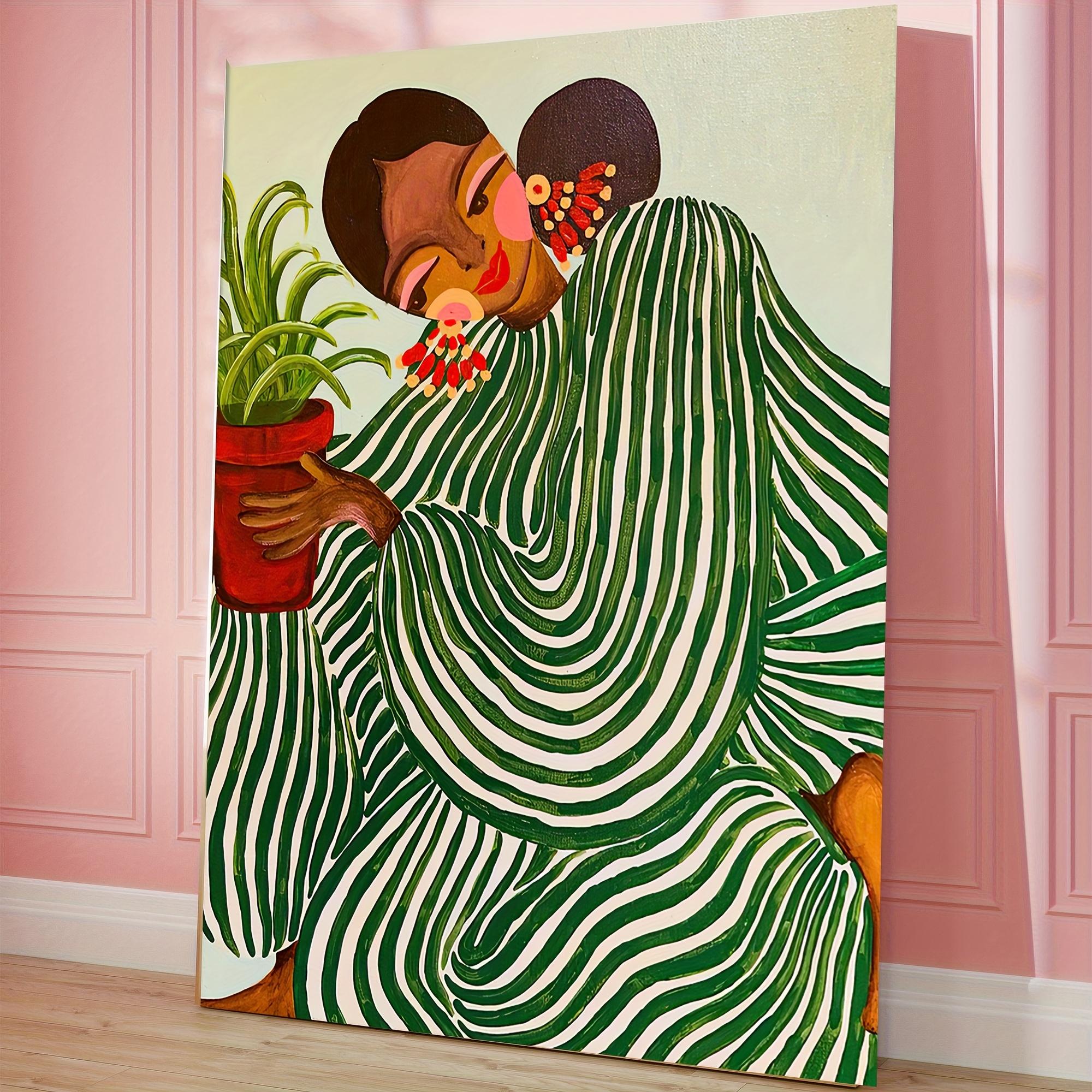 TEMU 2d Flat 1pc Vertical Canvas Wall Painting With Wooden Frame - Retro Fashion Striped Ladies And Potted Red Flowers, And , High-end Living Room,