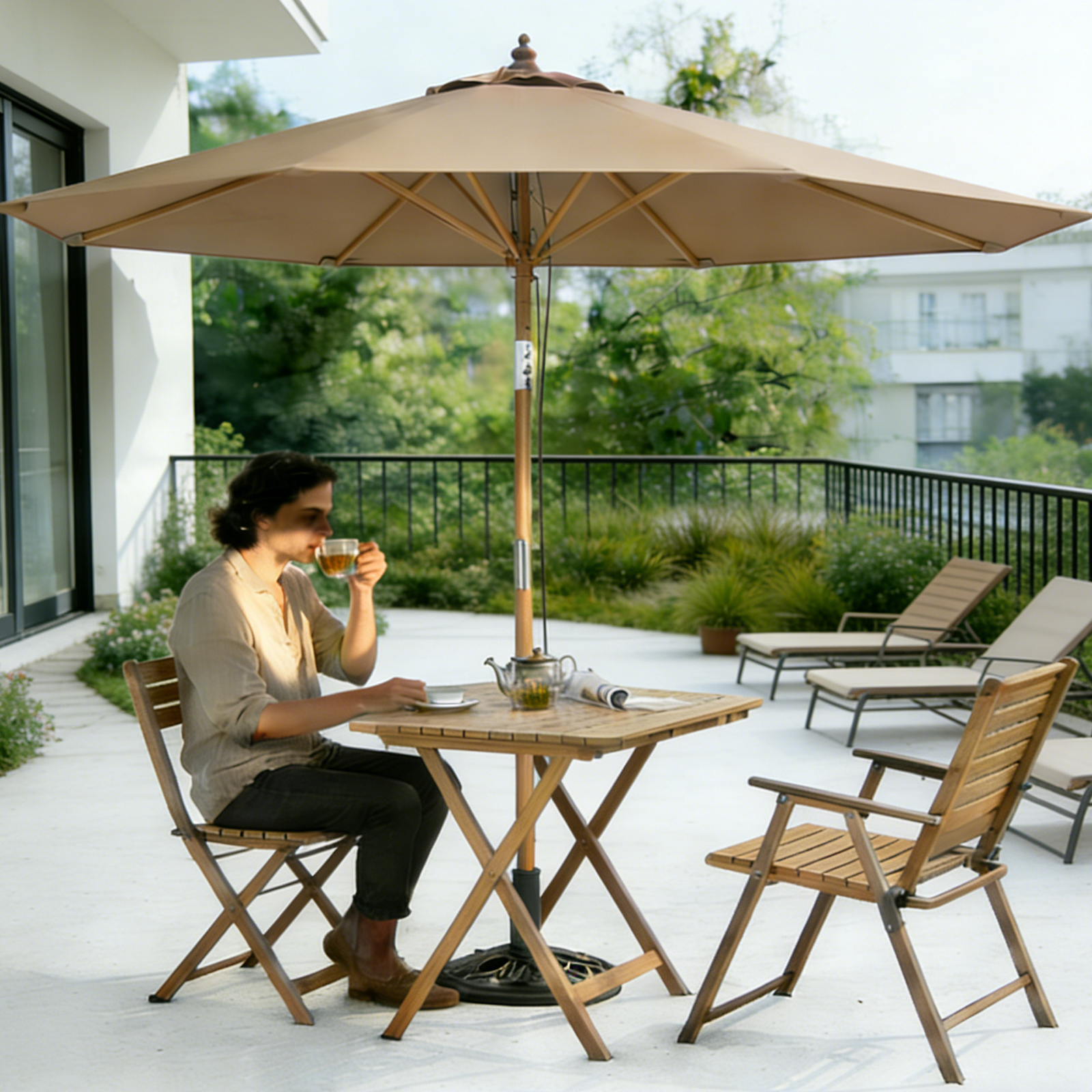 270 Cm Round Patio Umbrella, Bamboo Umbrella With Push Button Tilt, Pulley Rope Lift, Vented Top, 8 Sturdy Ribs, Outdoor Height Adjustable Sun Shade For Garden, Yard, Beach, Poolside