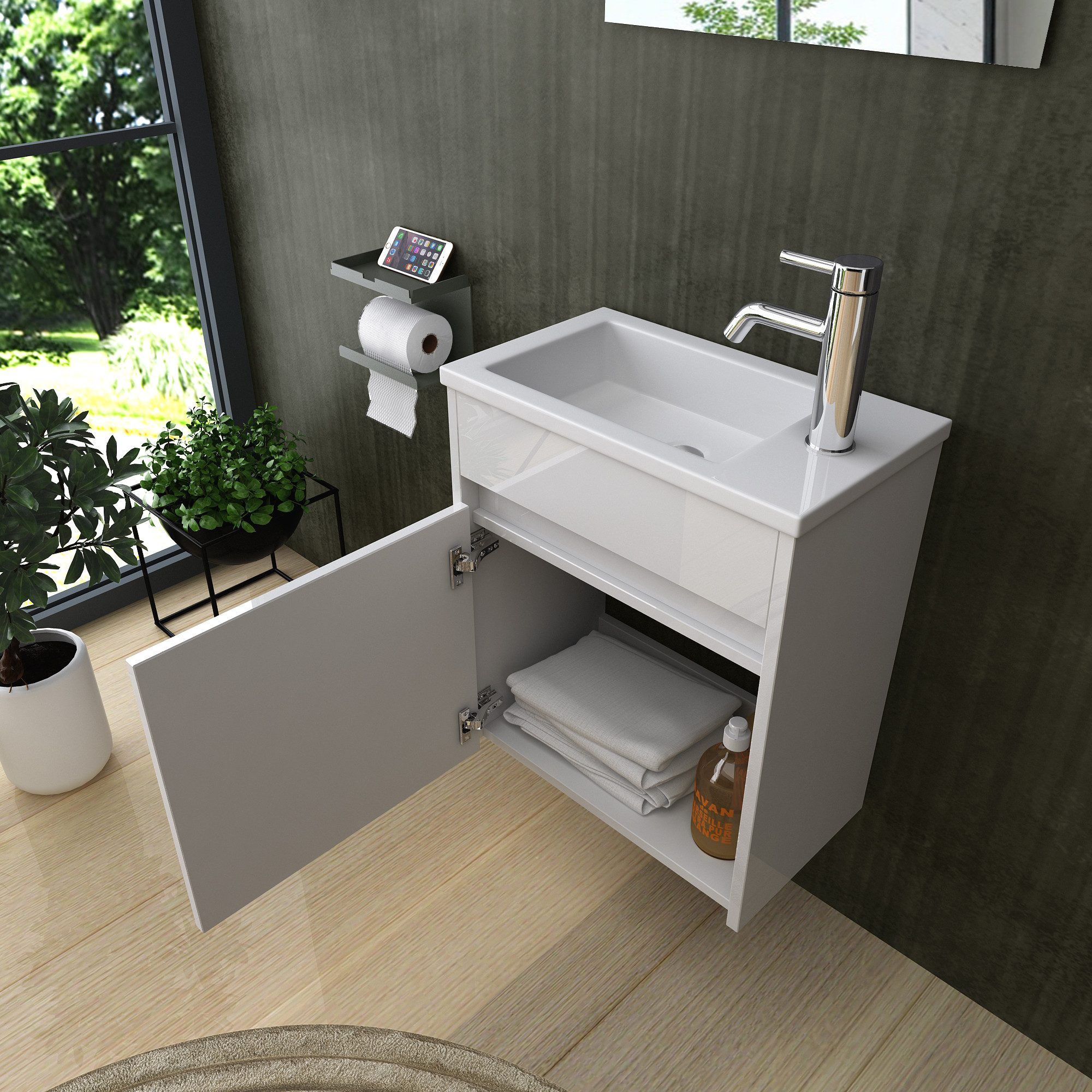 Image of Glossy 3pcs Black Bathroom Furniture Set, 46 Cm Bathroom Furniture