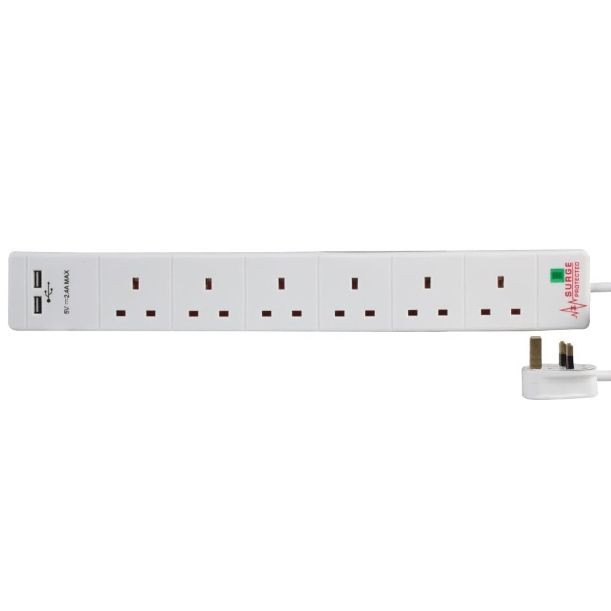 Pro Elec 6 Gang Extension Lead Pel00115 5m White – 6 Uk Outlets With 2 Usb Charging Ports